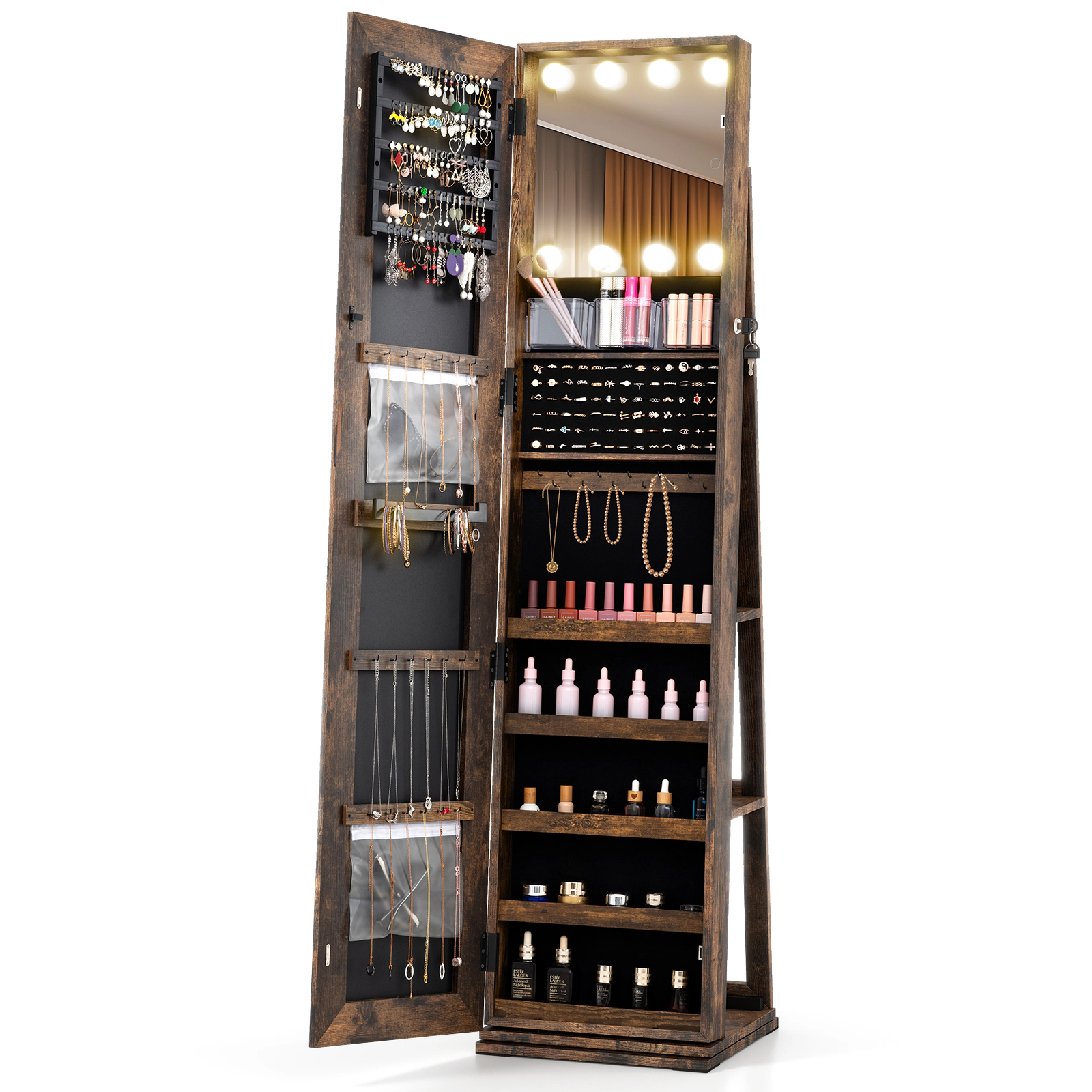 LJG 360° Swivel Freestanding Jewelry Cabinet with Lighted Full Length Mirror