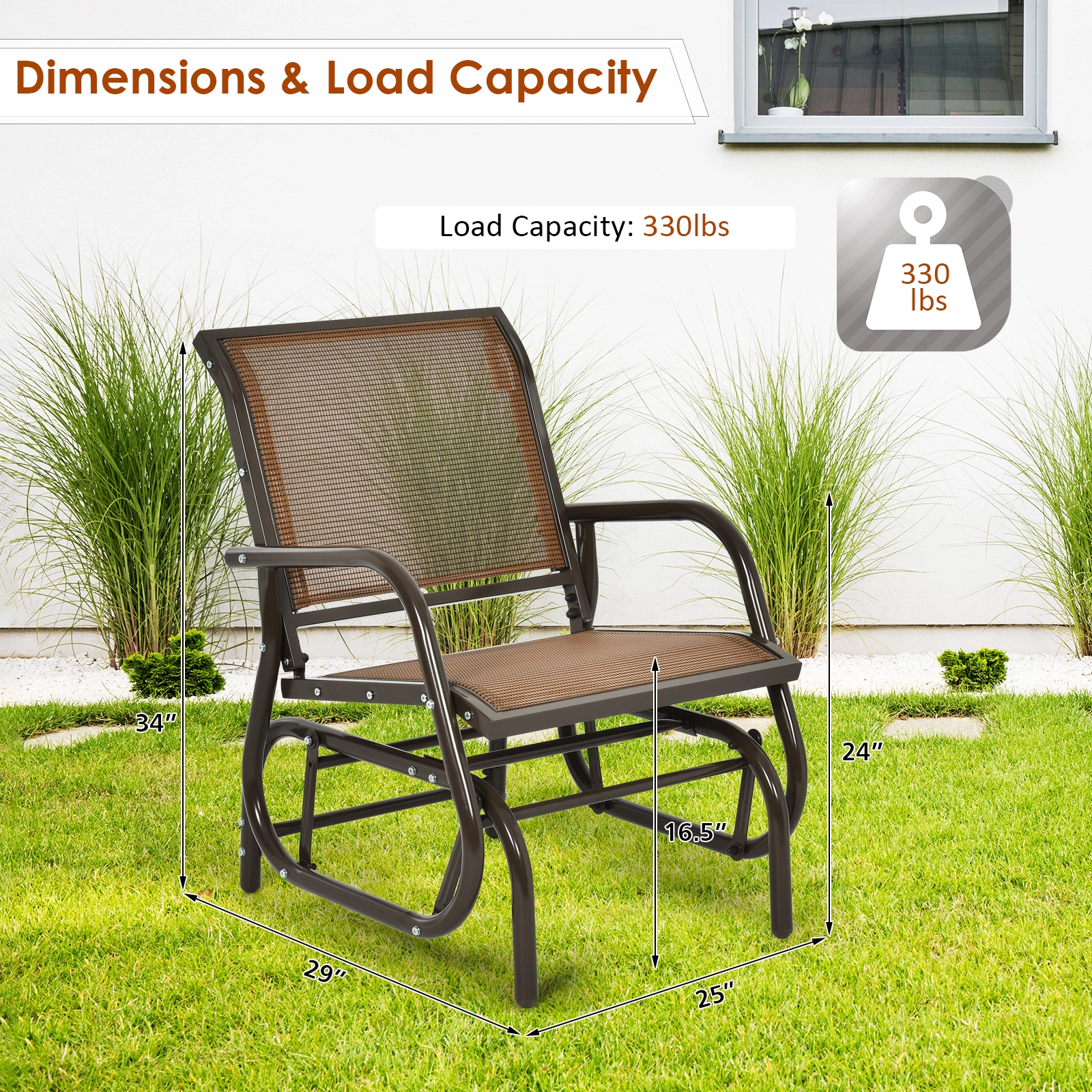 SUGIFT Outdoor Single Swing Glider Rocking Chair Brown with Armrests and Steel Frame