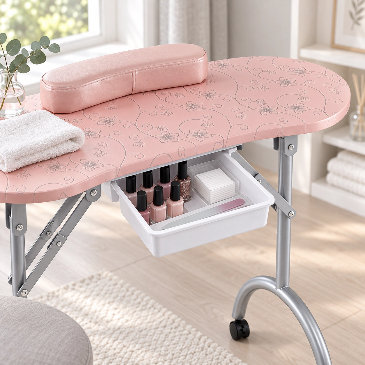 SUGIFT Floral Top Foldable Storage Drawer Wrist Cushion 4 Casters Manicure Nail Desk 35.5-in x 14.5-in x 27-in Pink