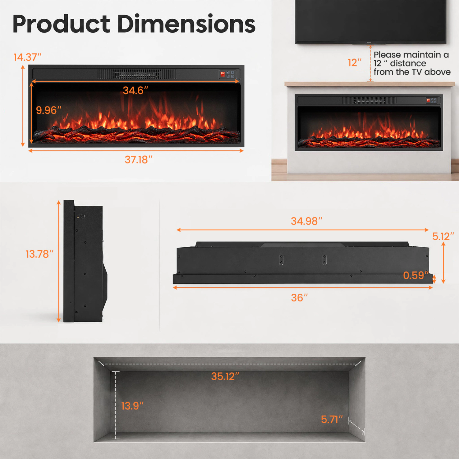 LJG Recessed Electric Fireplace Heater with Adjustable Flame Colors & Brightness