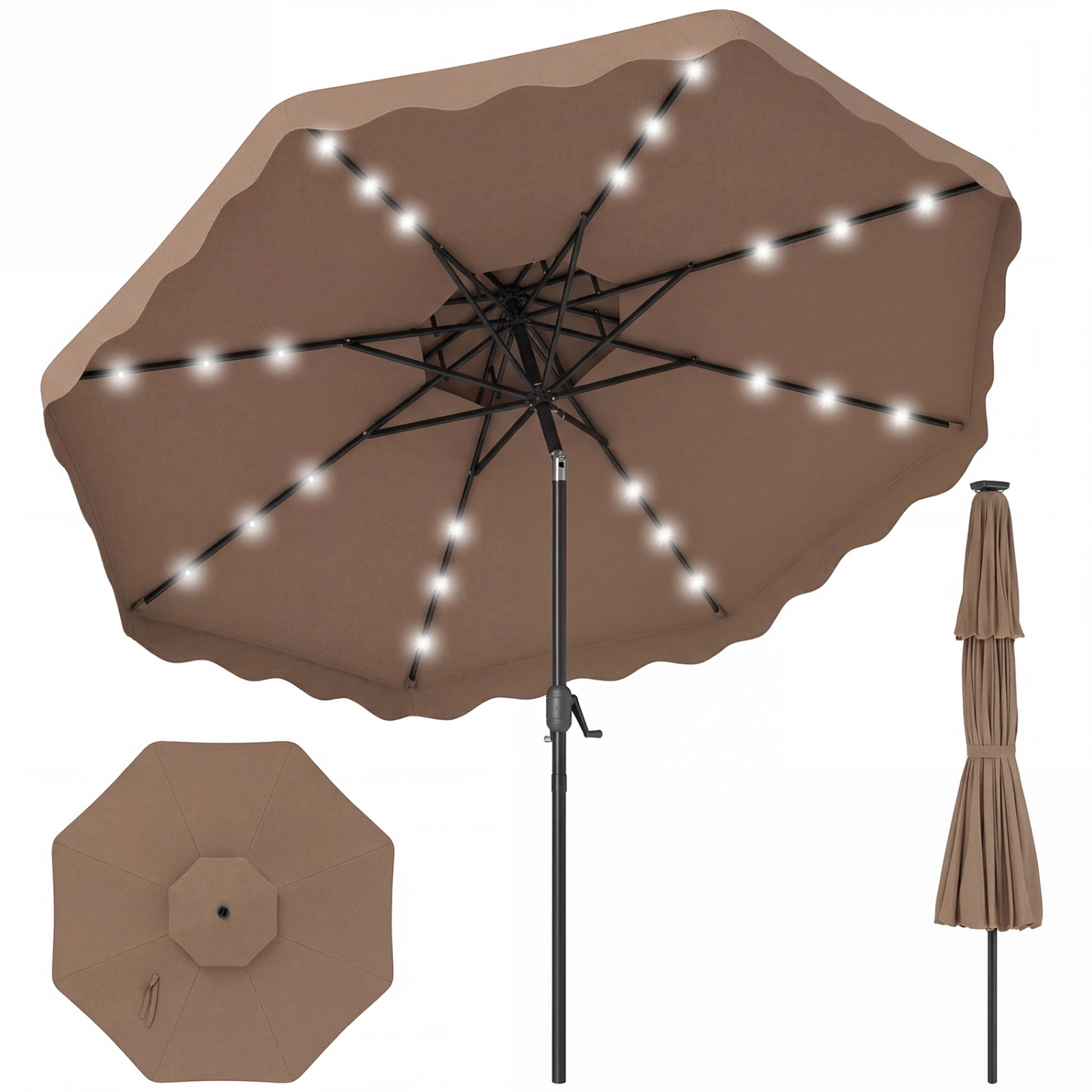 SUGIFT 9.5-ft Brown Solar Patio Umbrella with 24 LED Lights 8 Ribs Vented Crown and 2-Section Pole