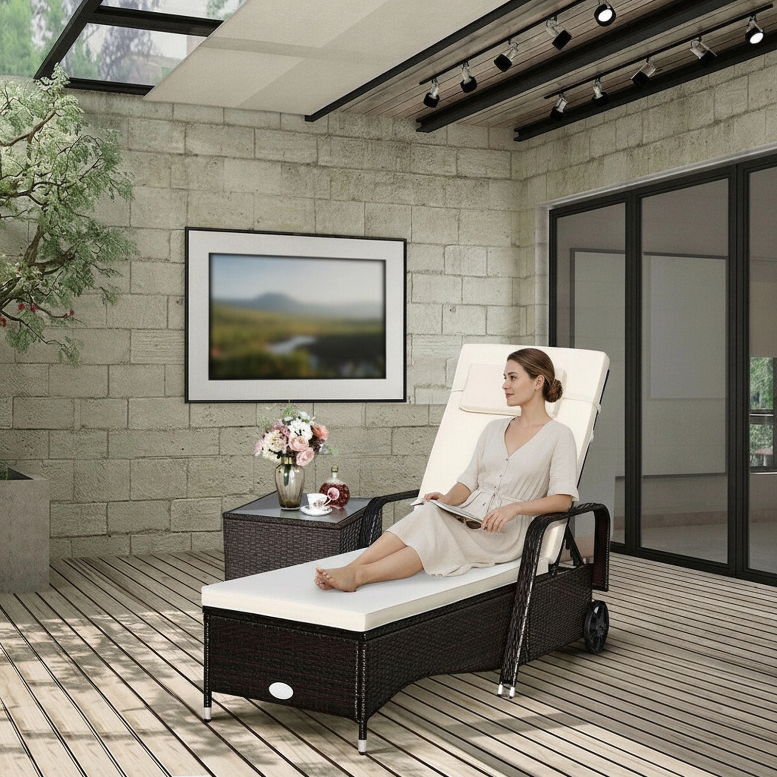 SUGIFT Brown Outdoor Chaise Lounge, PE Rattan, Galvanized Steel Frame, 6-Position Reclining Backrest