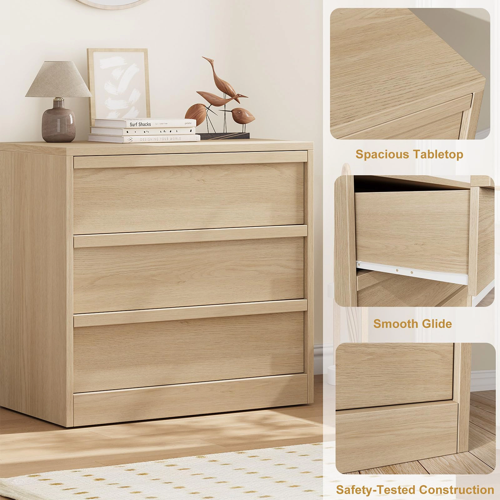 3 Drawer Dresser Nightstand, Modern Small Chest with Storage for Bedroom or Living Room