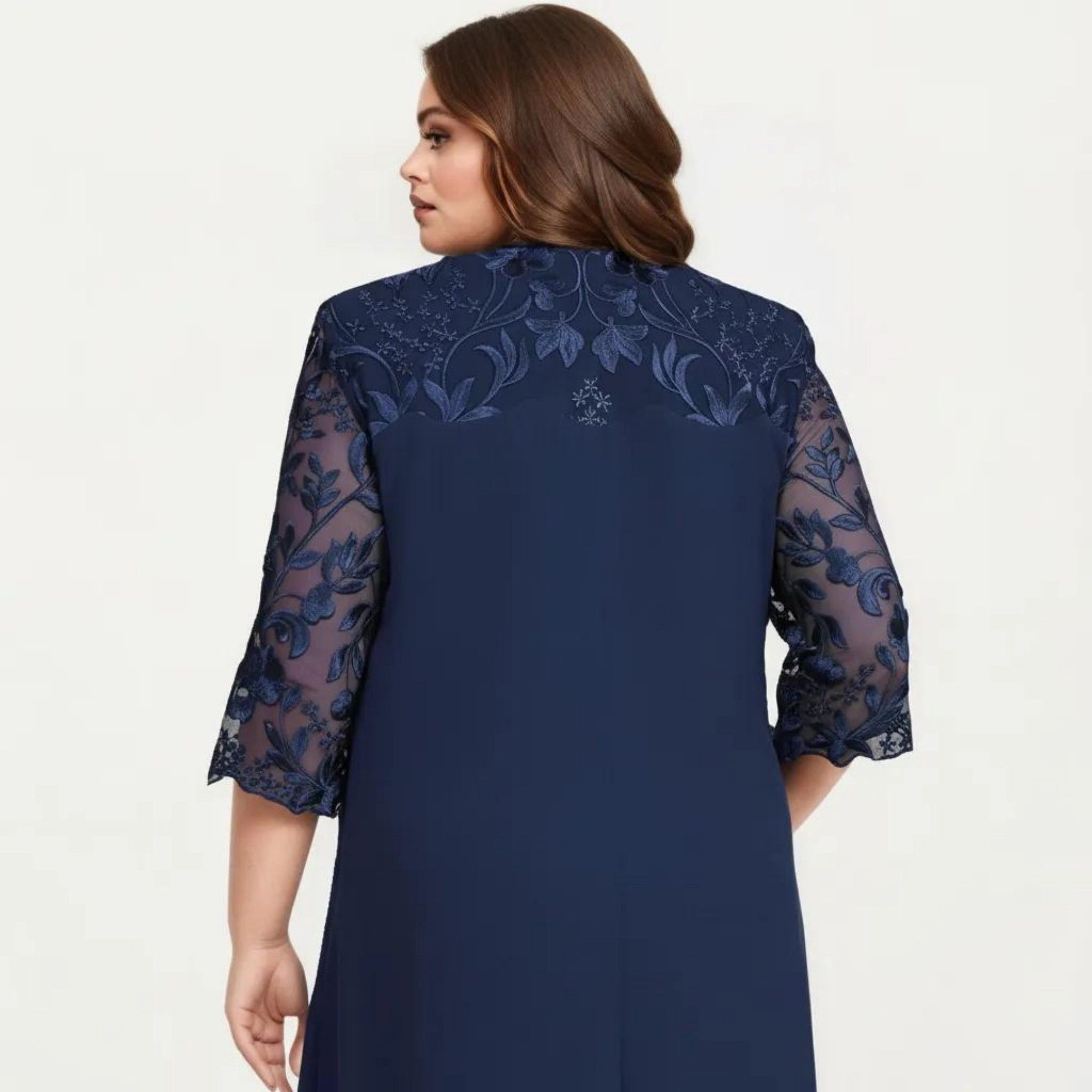 Anna-Kaci Women's Plus Lace Yoke Sheer Sleeve Detail Layered Hem Flowy Elegant Midi Dress