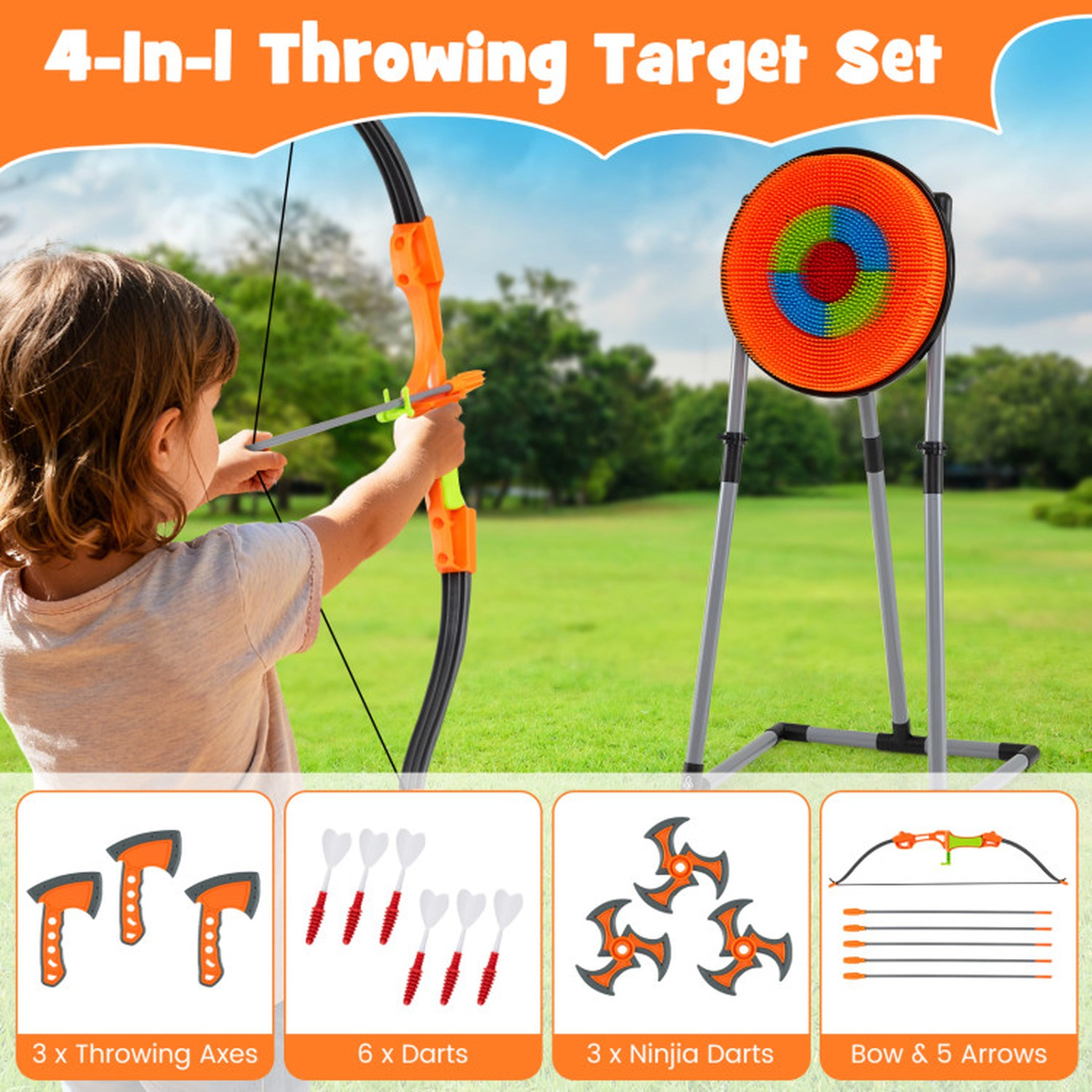SUGIFT 4-in-1 Throwing Target and Archery Game Set with Bristle Target 22-in Wide Frame Ages 8+ Orange Black Gray