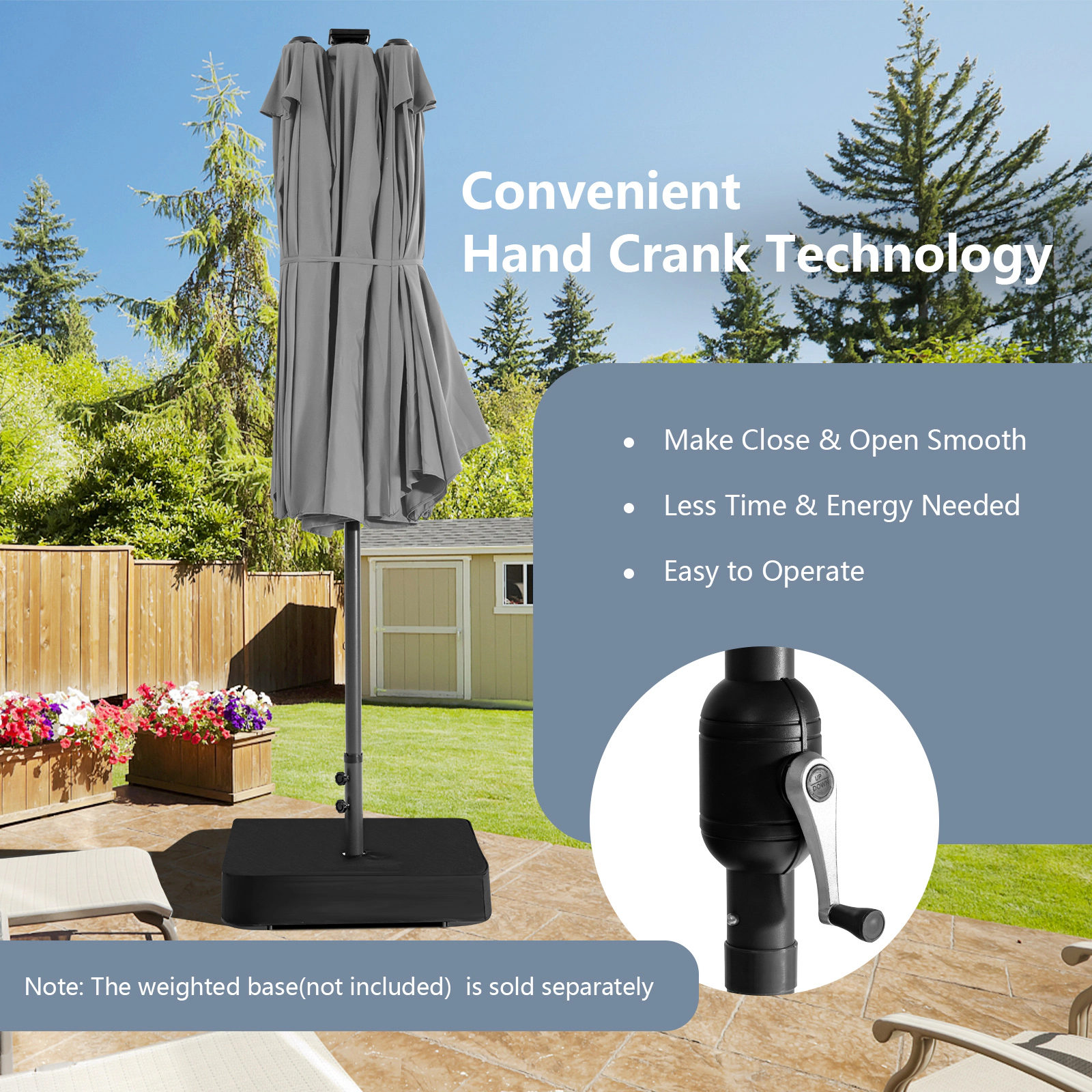 SUGIFT 15-ft Gray Rectangular Double-Sided Patio Umbrella with 48 Solar LED Lights