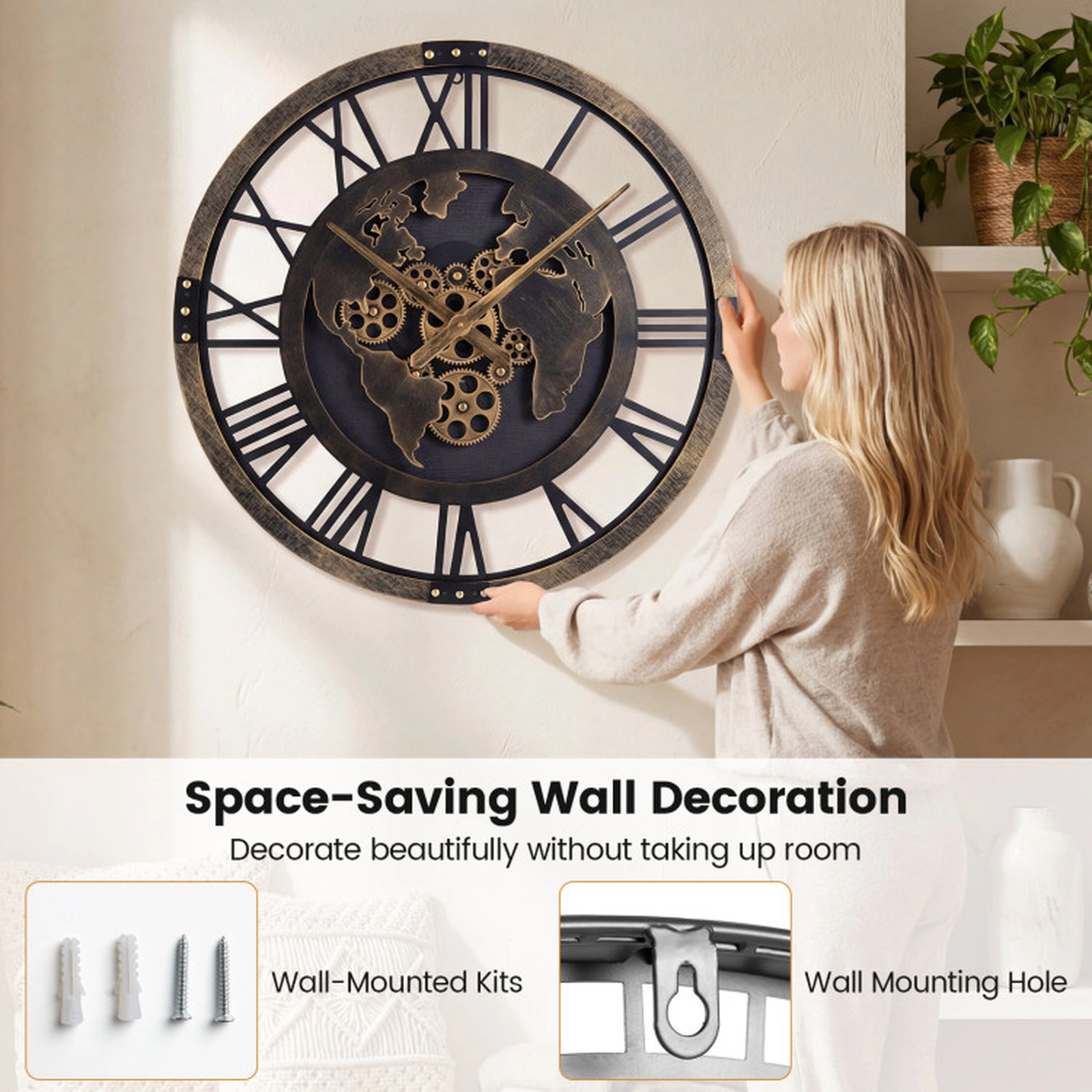 SUGIFT 27-in Oversized Brown Metal Gear Wall Clock with World Map and Non-Ticking Quartz Movement