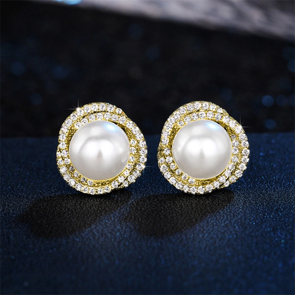 Wardrobe Whimsy Twisted Halo Pearl Cubic Zirconia Stud Earrings for Women