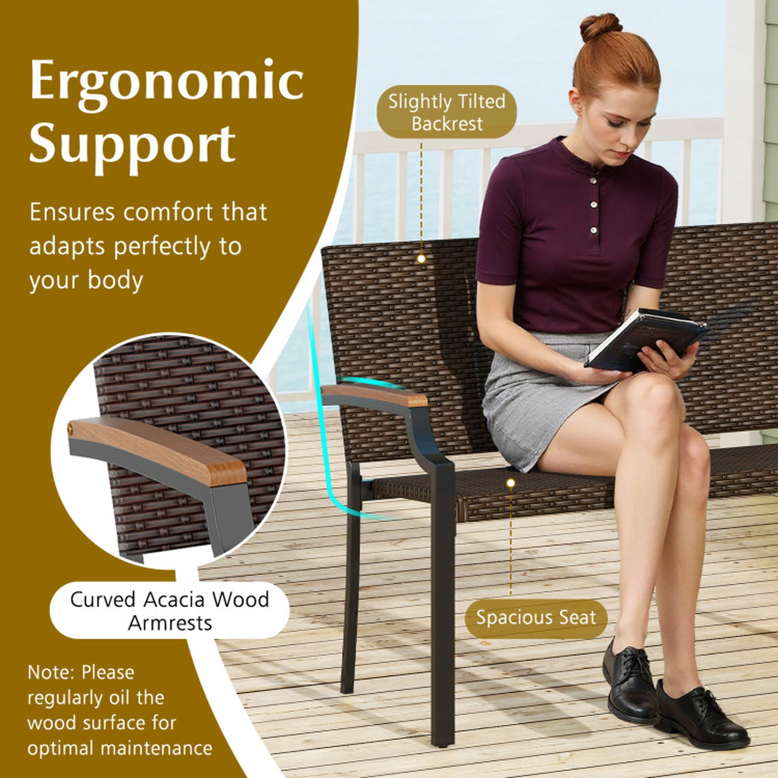 SUGIFT Natural Acacia Wood Armrests and Coated Metal Frame Patio Wicker Loveseat