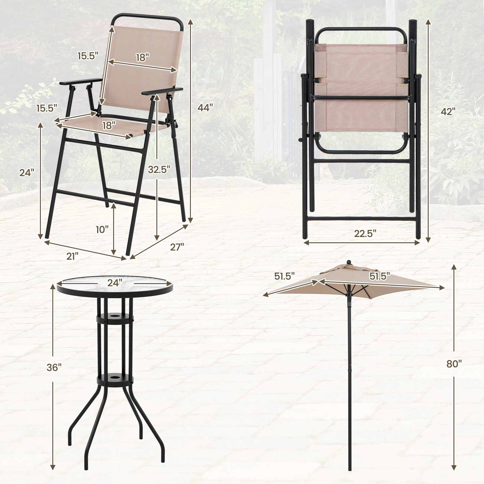 SUGIFT 4-Piece Beige Outdoor Bar Set, 36-Inch Table, 2 Folding Chairs and Umbrella