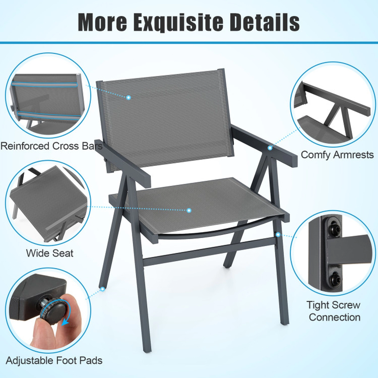 SUGIFT Set of 4 Gray Outdoor Patio Dining Chairs with Breathable Sling Seats