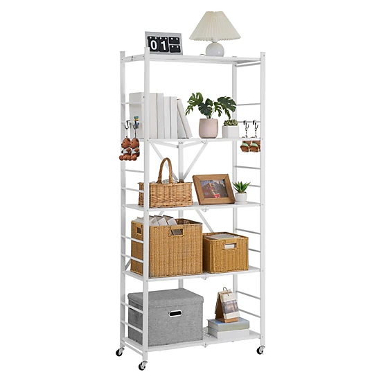 Flynama Folding Storage Shelf with Wheels 5-Tier No Assembly Organizer Shelf White