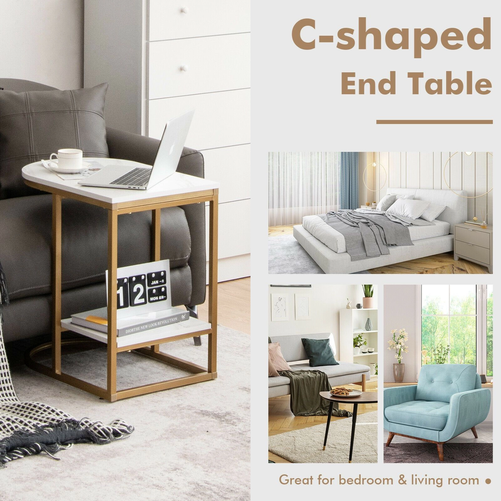 SlickBlue C Shape Side Table with Marble Top and Storage Shelf