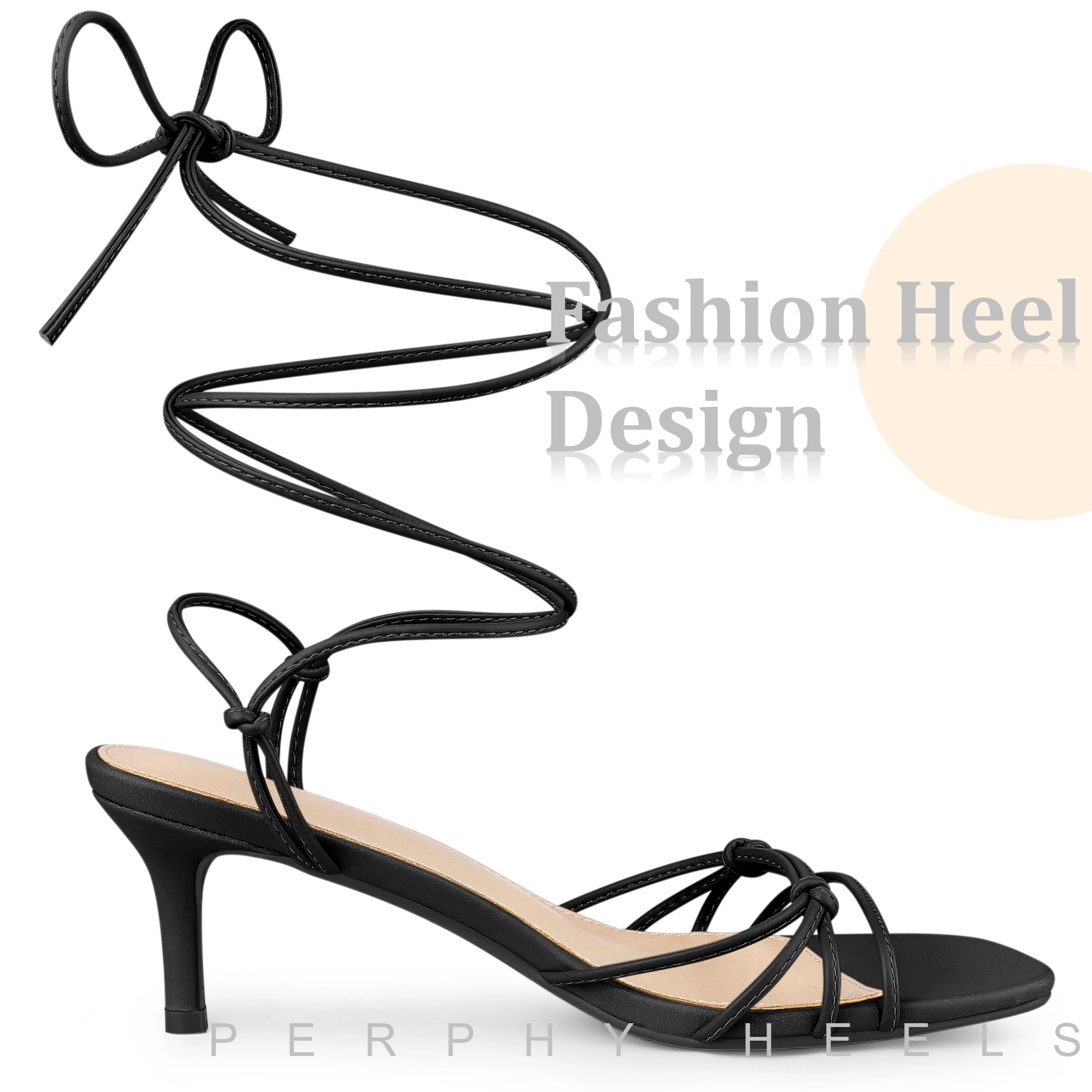 BLISSFUL STEP Women's Kitten Heel Lace Up Square Toe Strappy Heels Sandals
