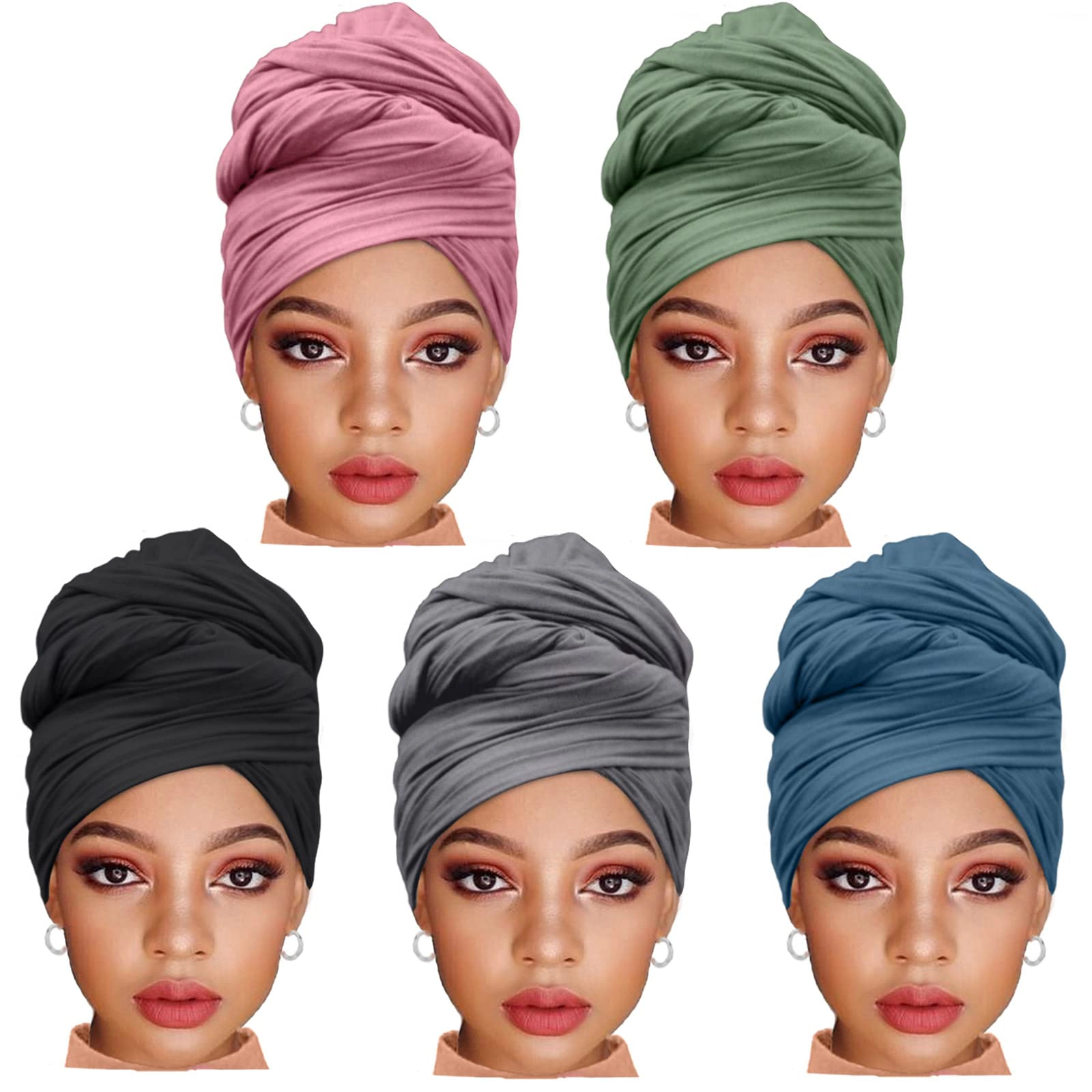 5 Pcs Stretch Jersey Turban Headwrap for Black Women, Boho Extra Long Soft Breathable Easy Knot Hijab Tie
