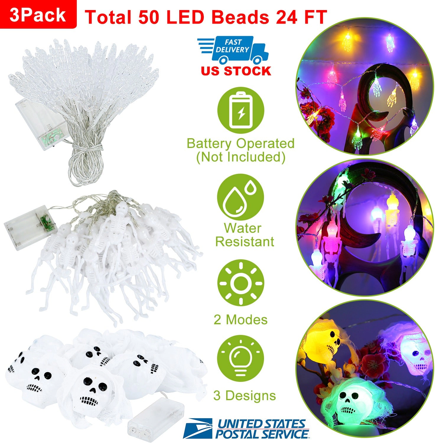 GBruno 3D Halloween String Lights Set, 50 LEDs, 24ft