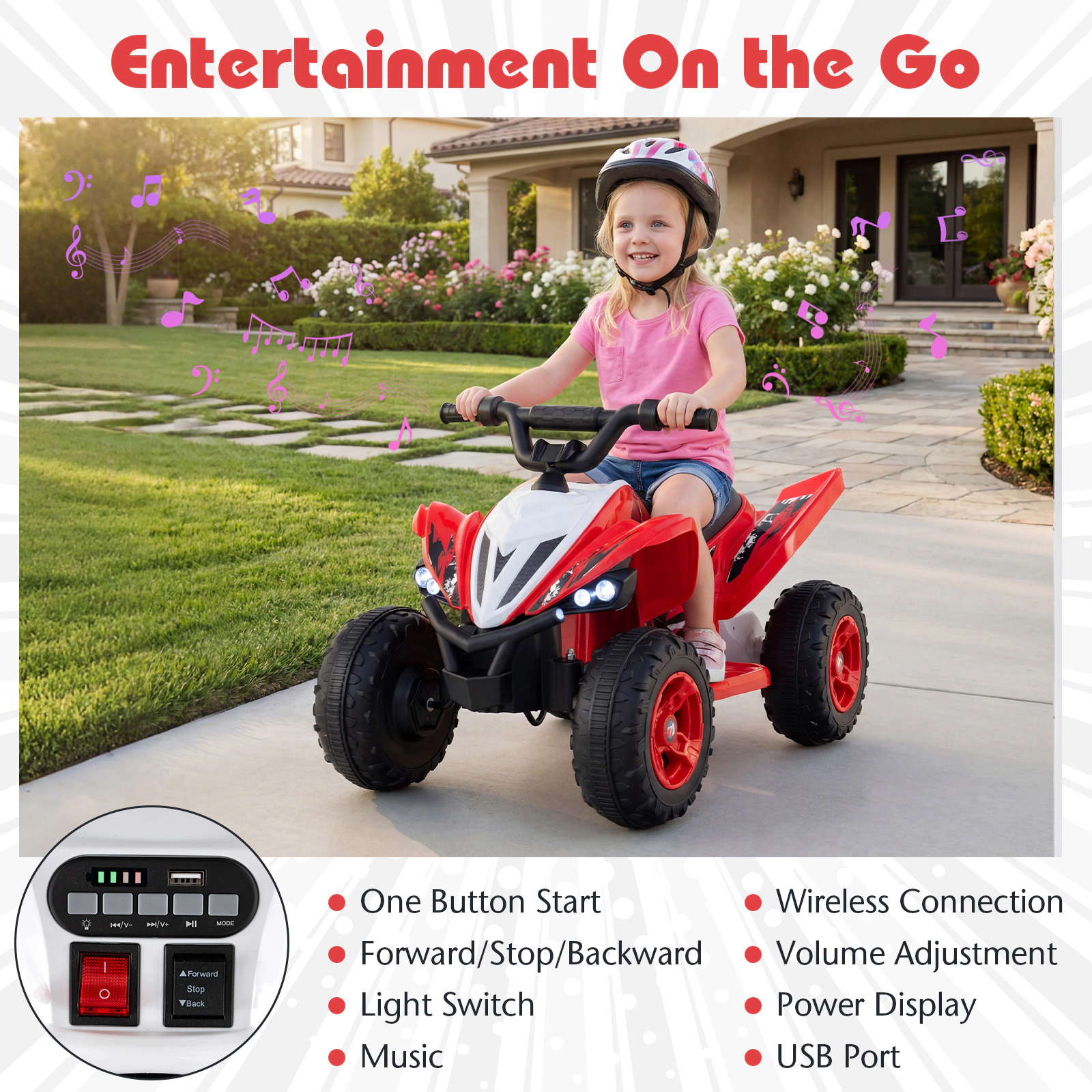 SUGIFT 12V 4-Wheeler Kids Ride On ATV Quad 3-7 mph 66-lb Capacity Ages 3+ with LED Lights 33.1-in Long Red