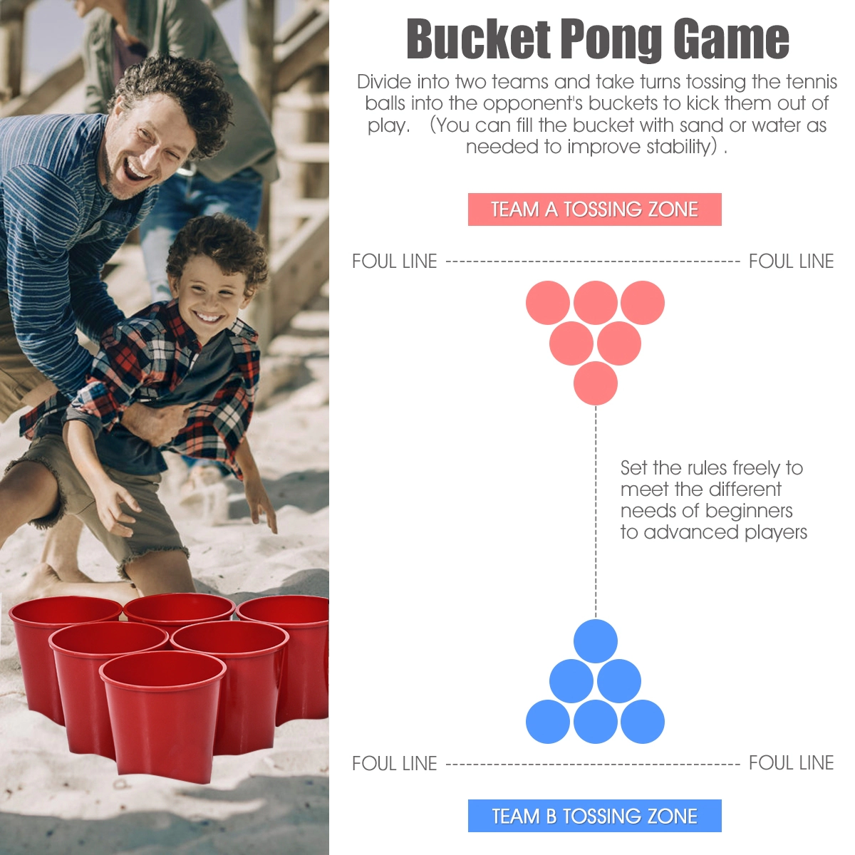 SUGIFT Giant Yard Pong Game Set with 12 Ultra-Durable 7.5-in PP Buckets 2 PVC Balls and Carry Bag