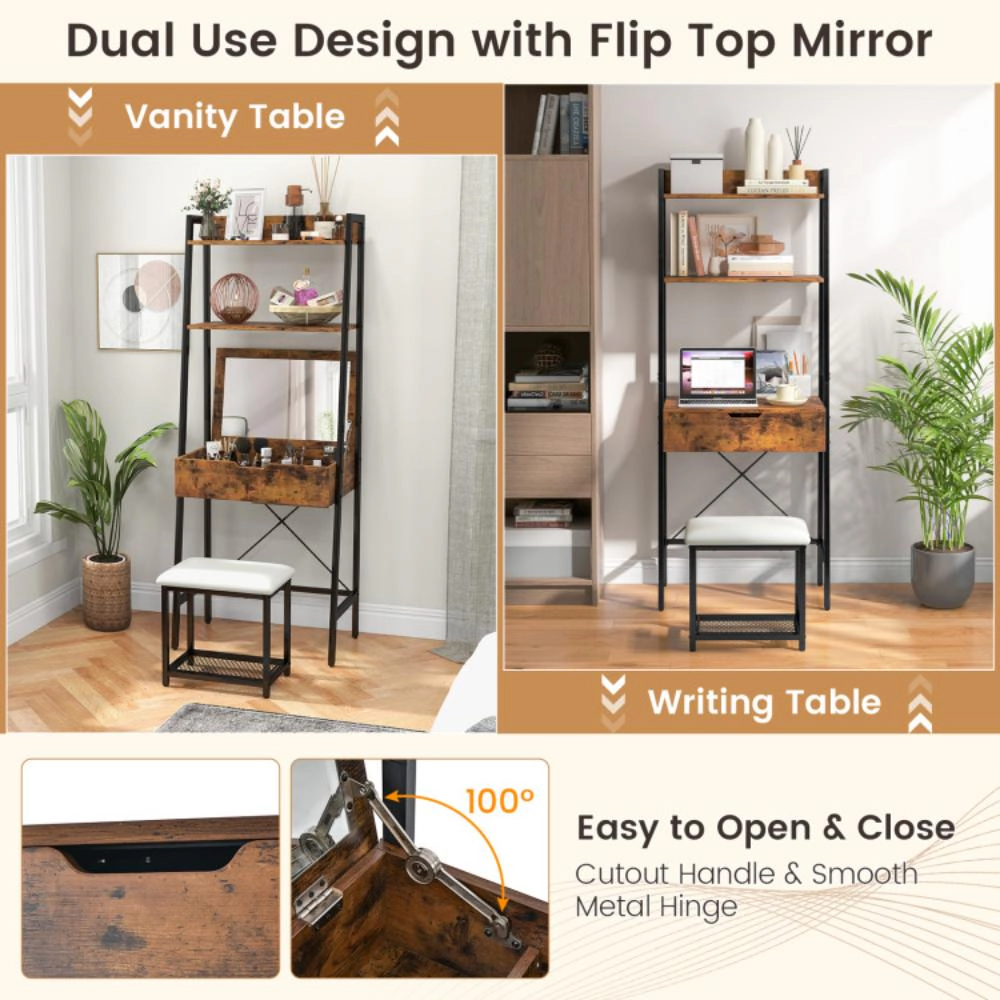 Hivvago Ladder Vanity Desk Set With Flip Top Mirror And Cushioned Stool