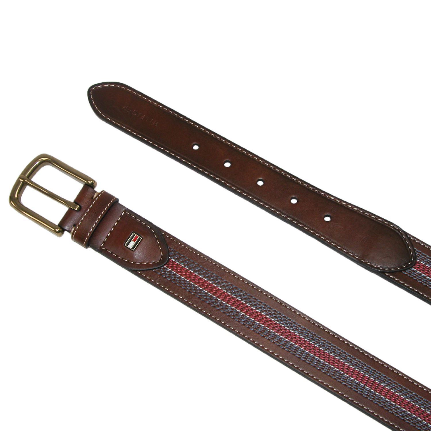 Tommy Hilfiger Men's Leather Contrast Stitch Stripe Inlay Belt