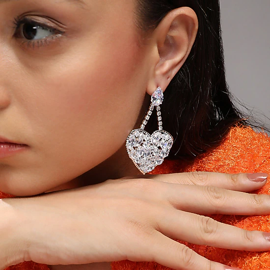 Women's Silver-Plated Heart Drop Earrings with Artificial Stone Accents