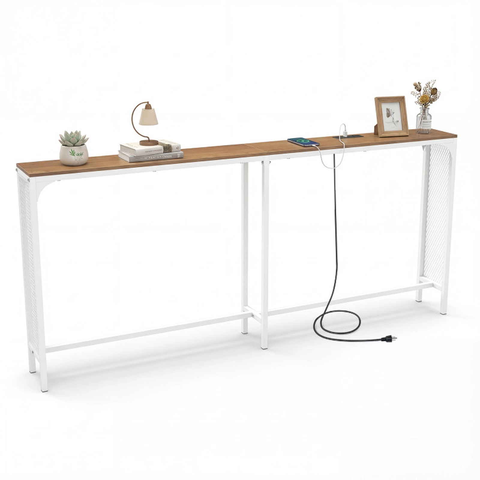 SUGIFT Narrow Reversible Charging Station White Metal Frame Console Table 71-in x 8-in x 32-in 100-lb Capacity Natural