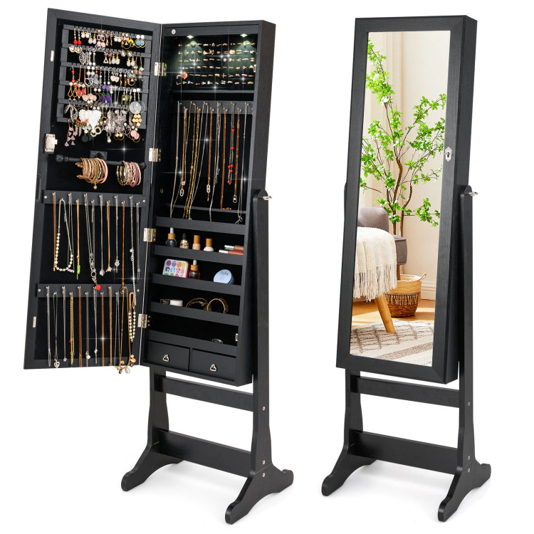 Hivvago Lockable Freestanding Jewelry Cabinet Armoire with Full-Length Mirror and Lights