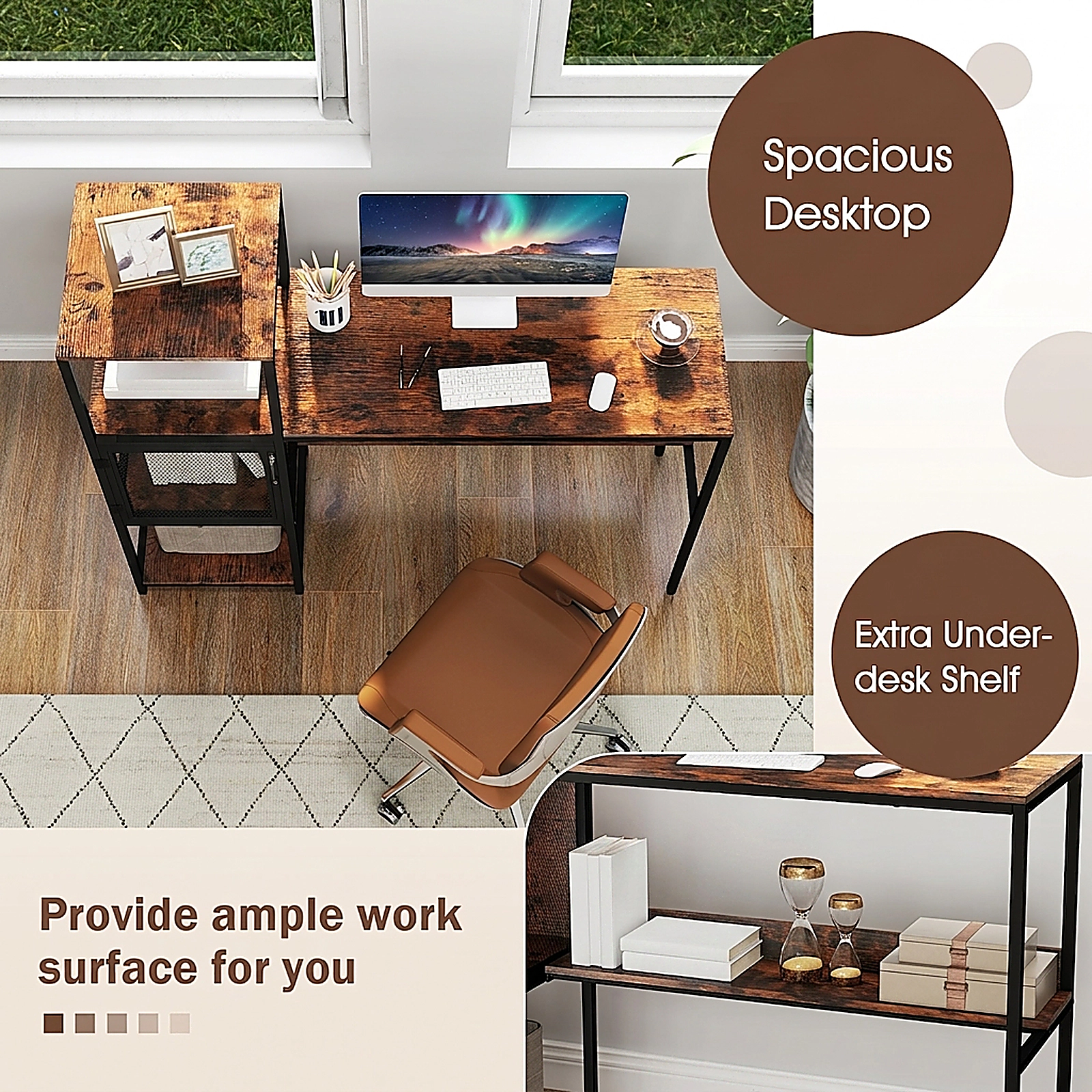 SUGIFT 51 in Computer Desk Rustic Brown with Integrated Bookshelf and Under-Desk Shelf
