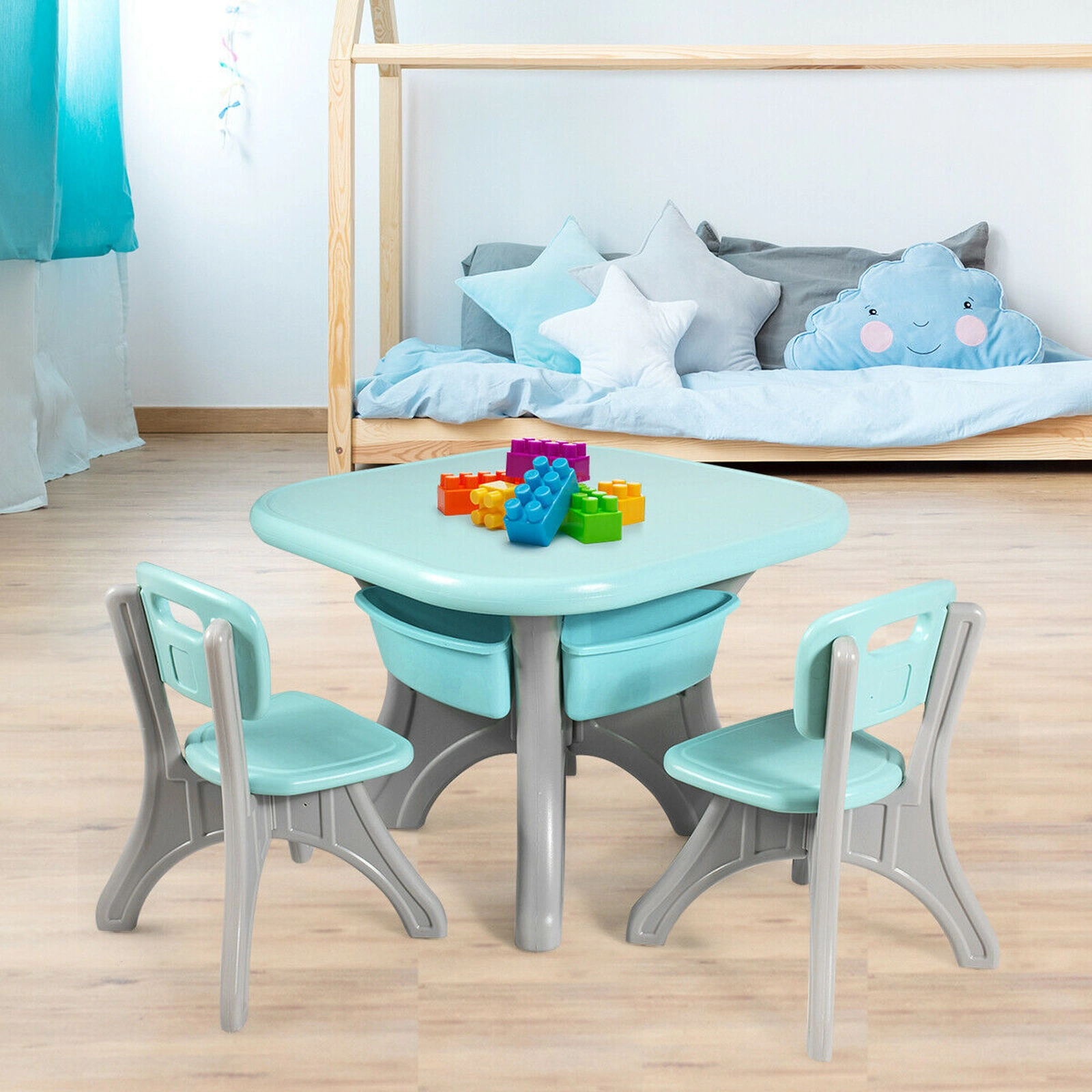 SUGIFT Blue Kids Activity Table and 2 Chairs, 4 Storage Drawers, 27-Inch Square Top
