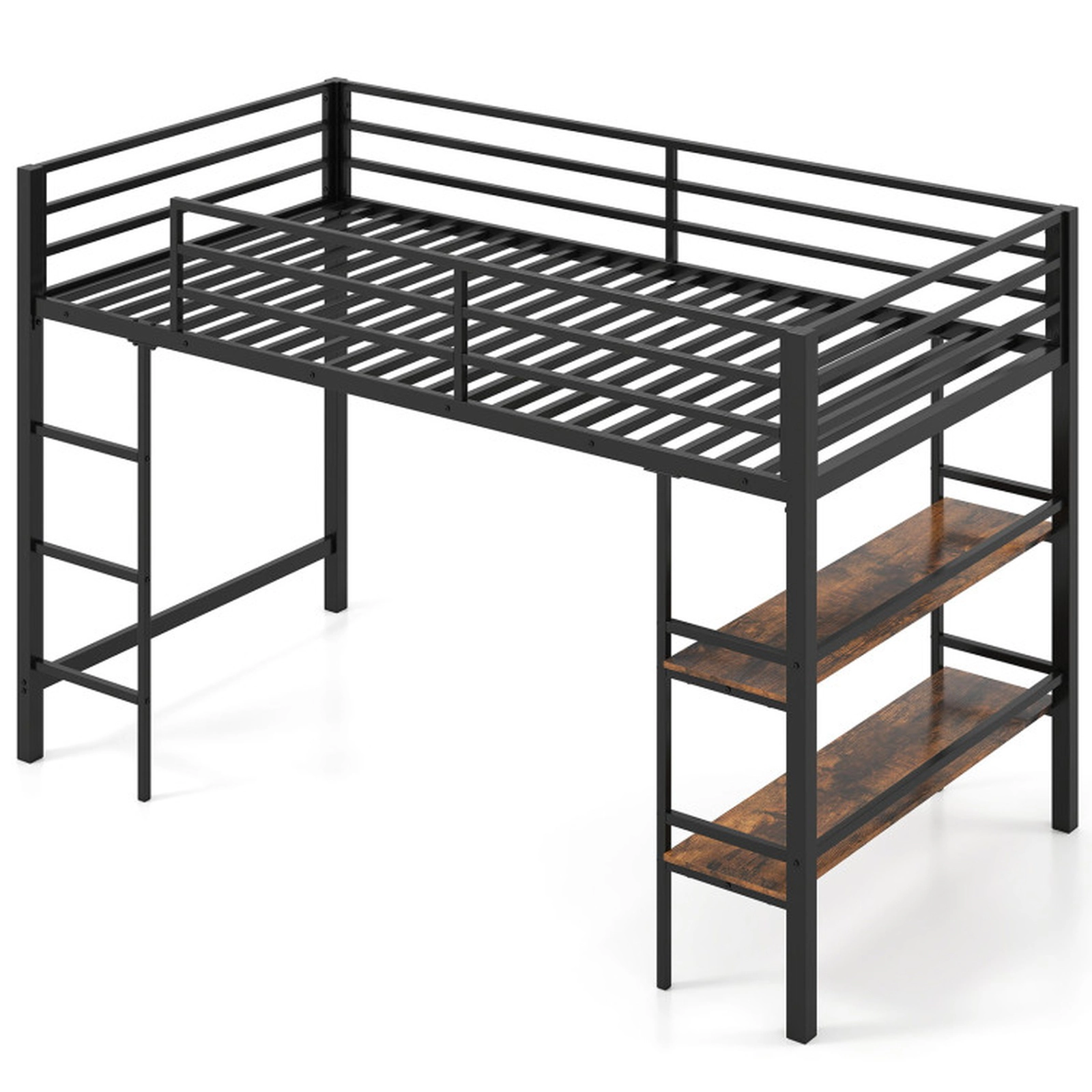 SUGIFT Twin Size Low Loft Bed with Ladder and Storage Shelves Metal Frame 485-lb Bed Capacity Black