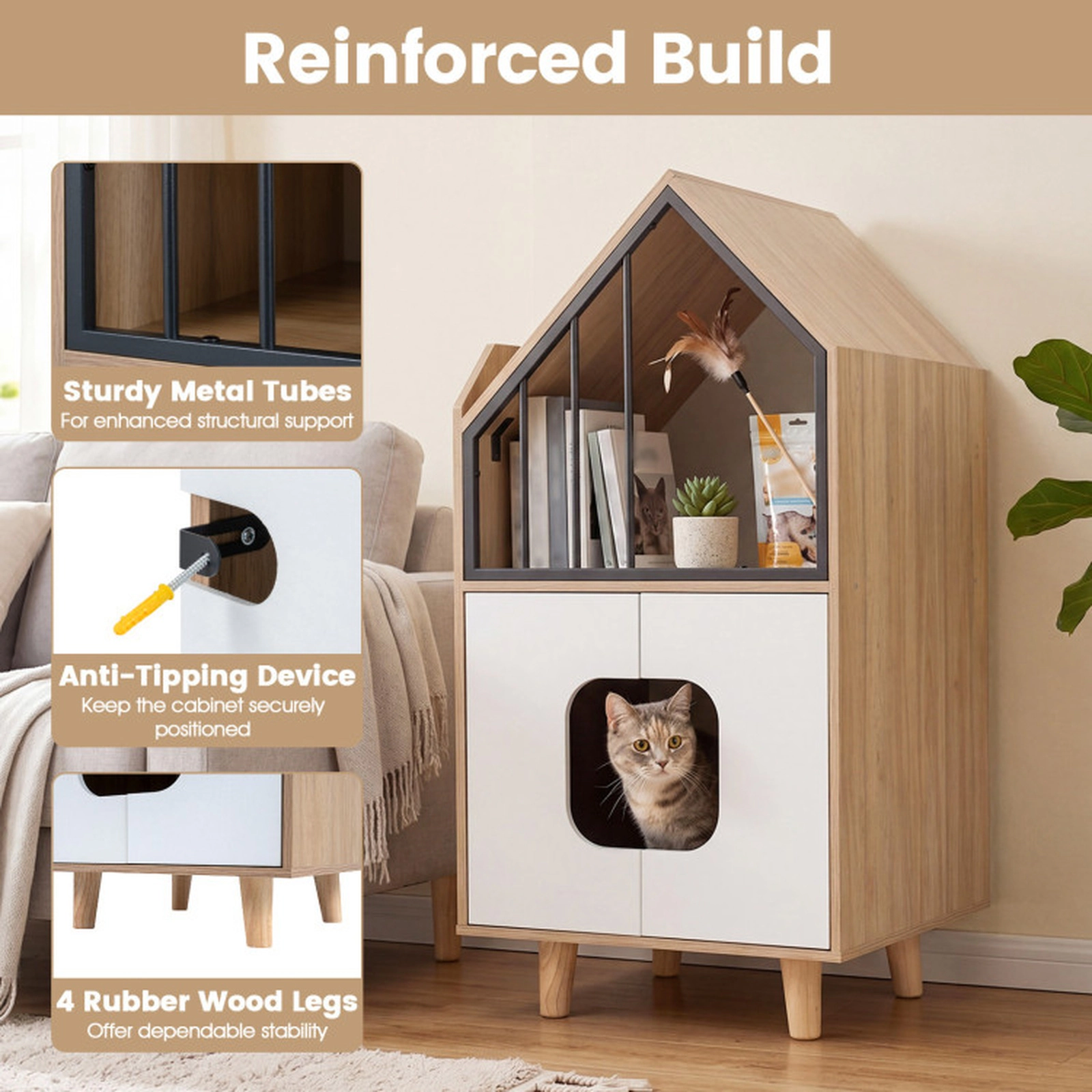 SUGIFT 20 x 39.5-in 44-lb Shelf Capacity Natural House-Shaped Tall Cat Litter Box Enclosure with Fence Window