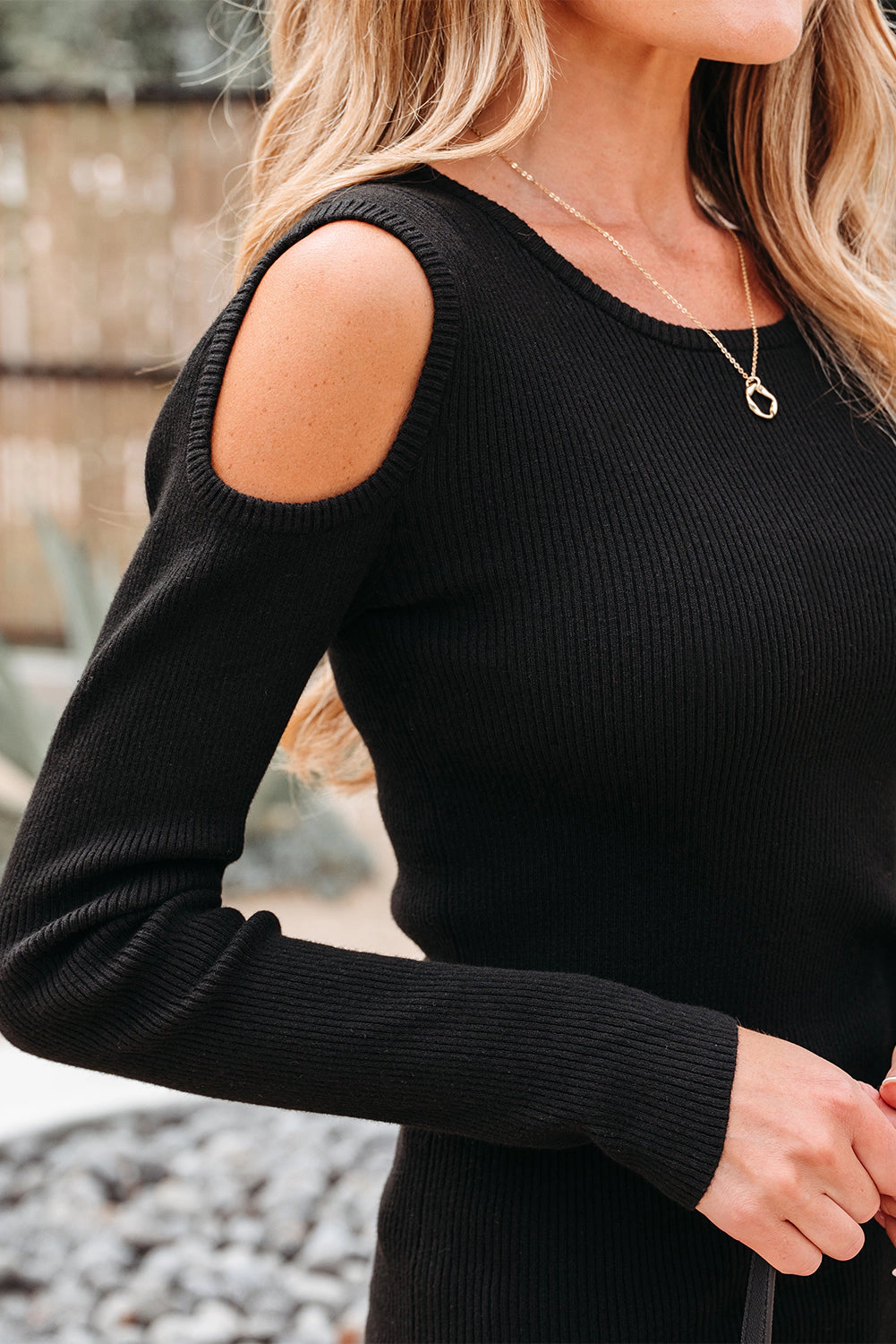 Threaded Pear Women's Amaya Ribbed Knit Cold Shoulder Sweater