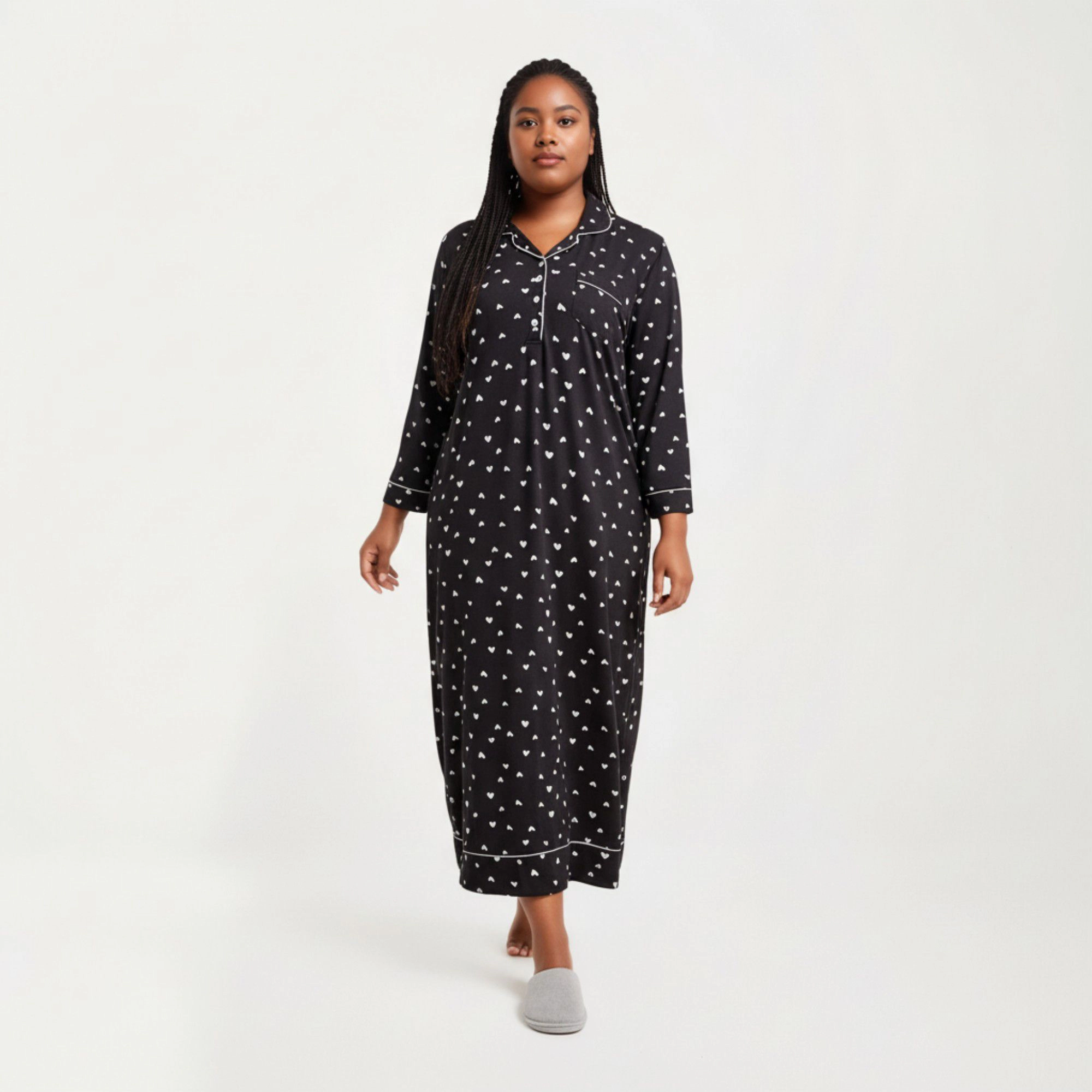 Anna-Kaci Women's Valentine Heart Print Long Sleeve Maxi Nightgown with Soft Stretch Fabric Classic Piped Collar Detail