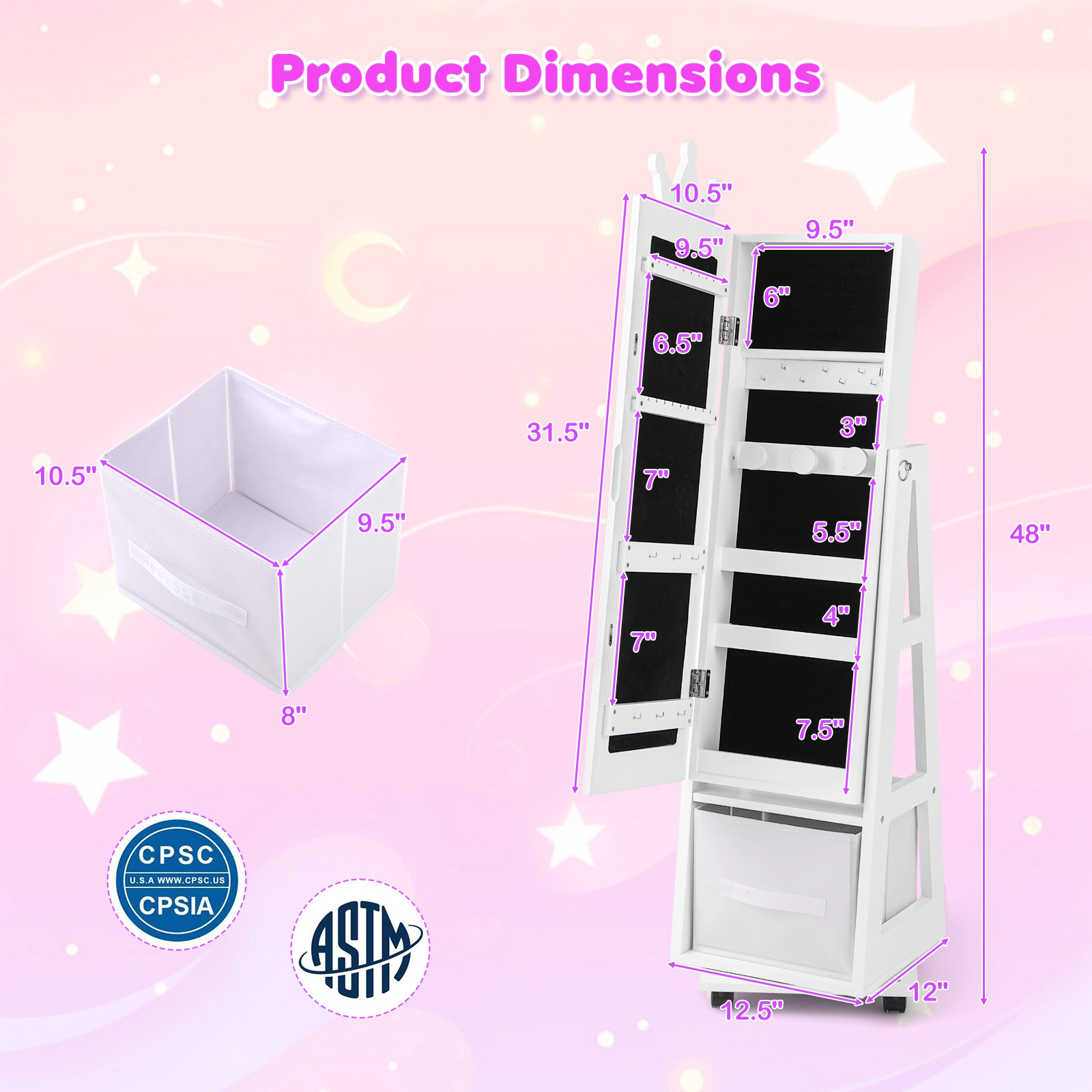 SUGIFT Kids Jewelry Armoire Cabinet with Full-Length Mirror Swivel Base and Lockable Wheels for Bedroom