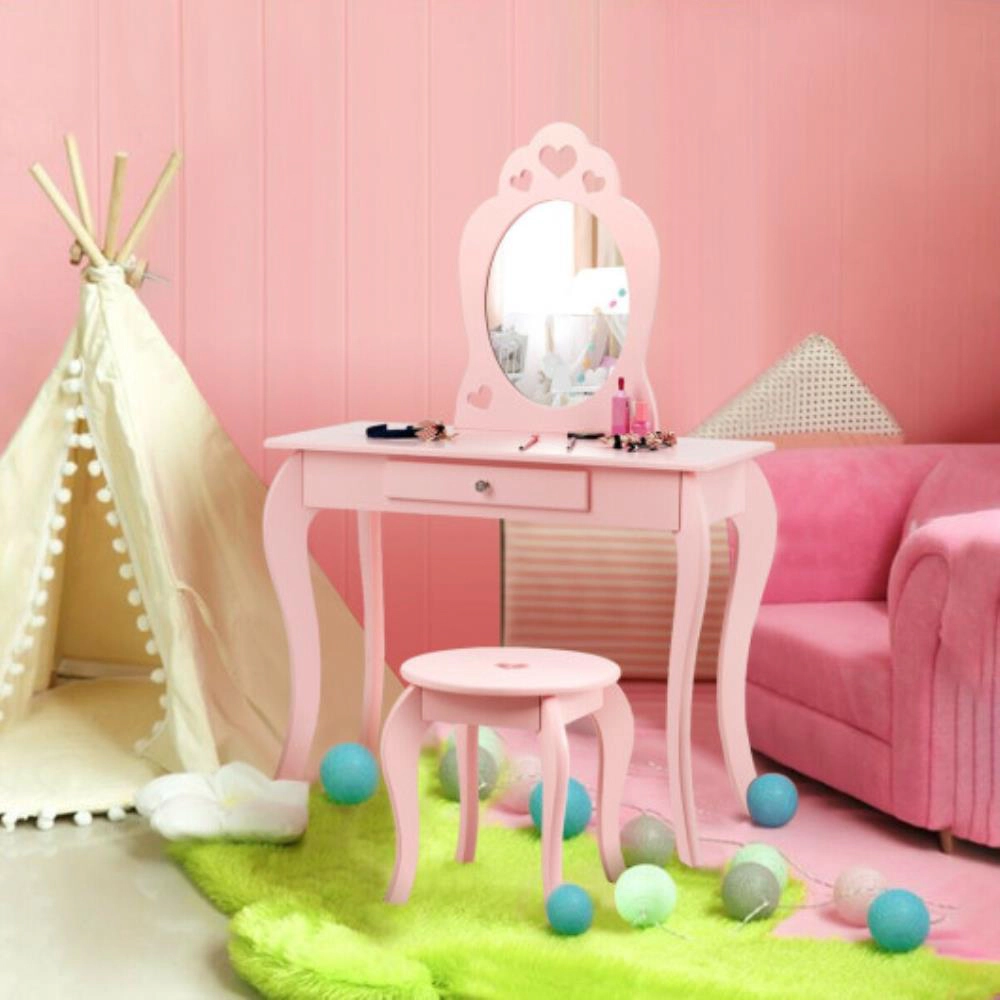 Hivvago Kids Princess Makeup Dressing Play Table Set With Mirror