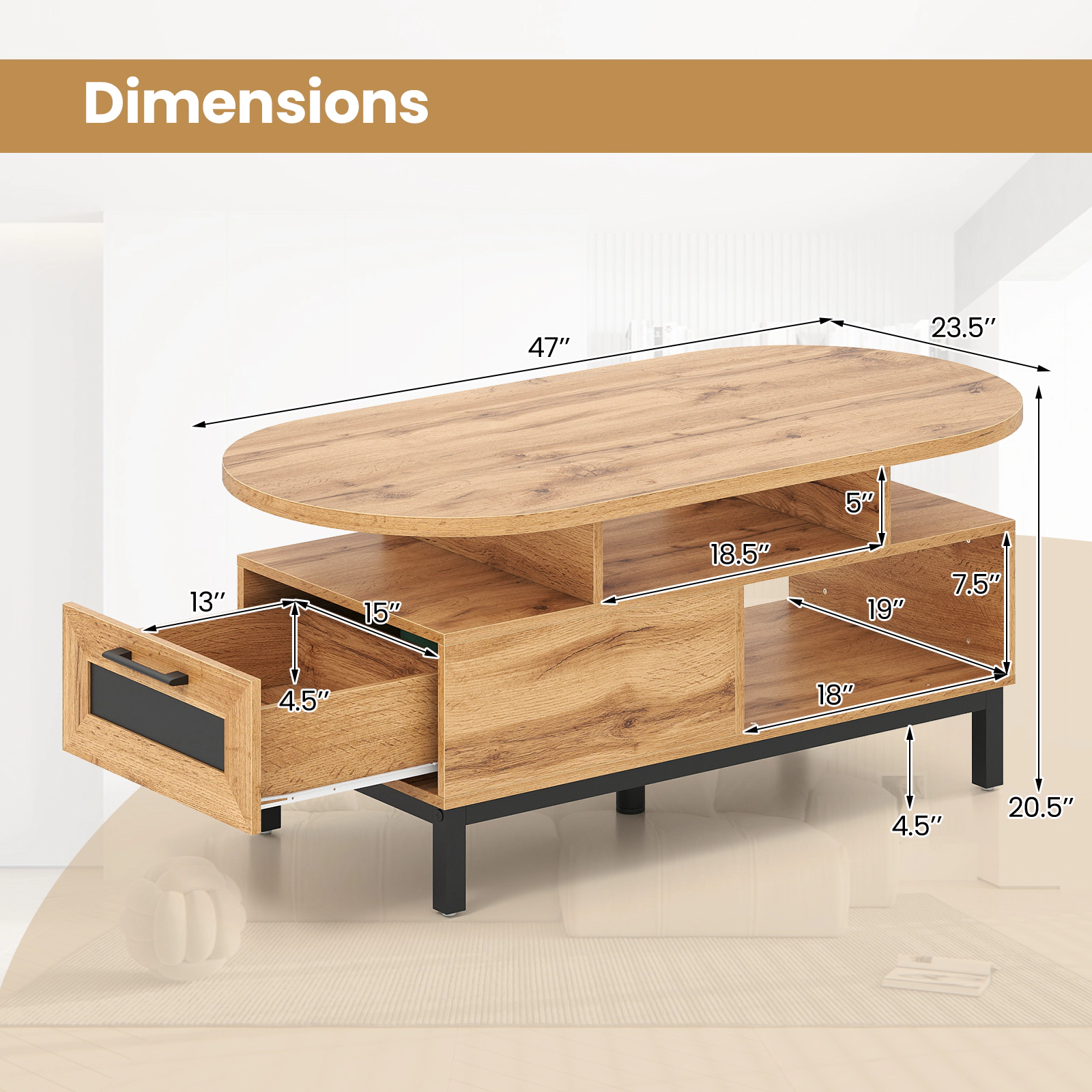 SUGIFT 47-in 110-lb Capacity Oval Wood Grain Coffee Table with Metal Slide Drawer and Open Compartments