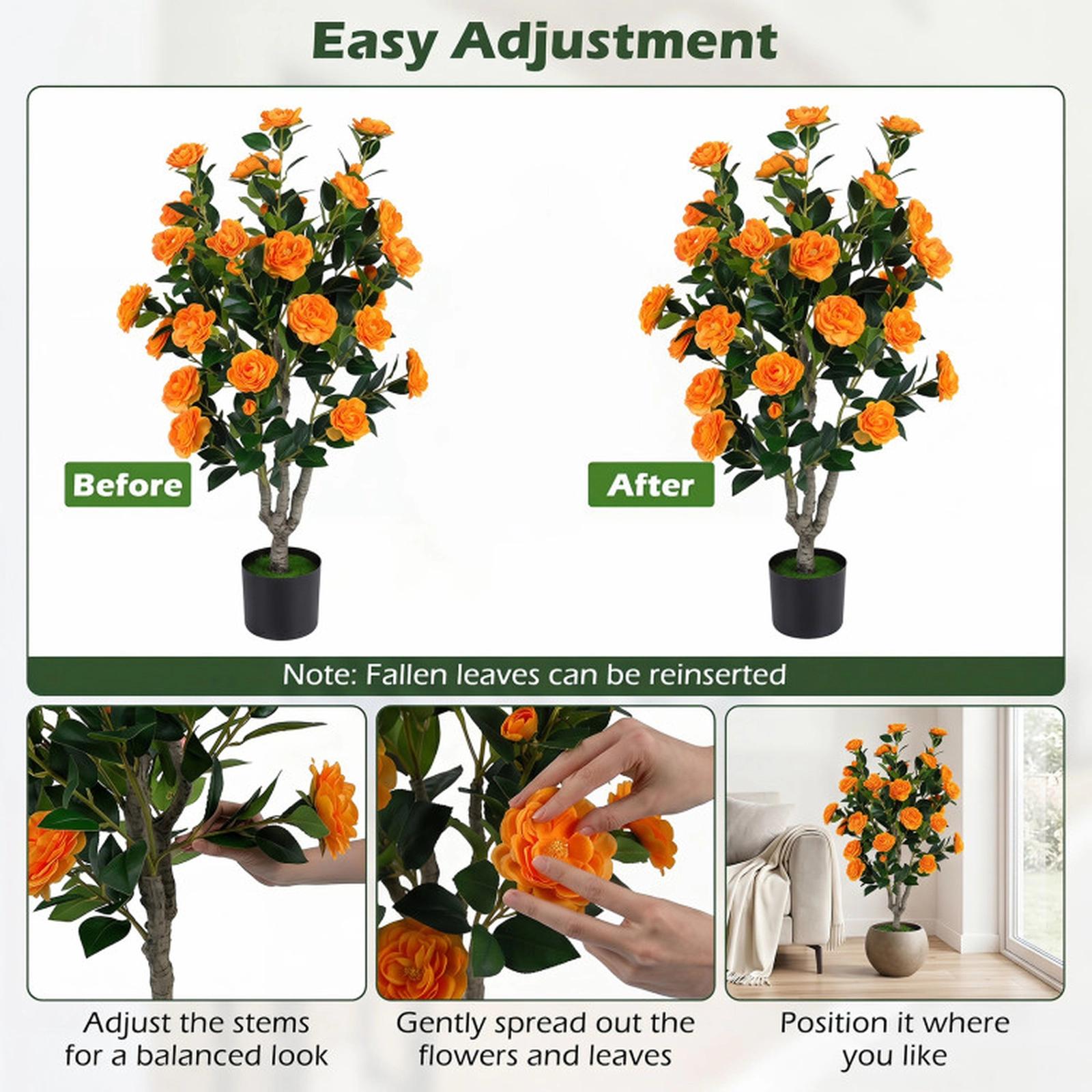 SUGIFT Set of 2 39.5-in Silk Blossoms Shapeable Branches Artificial Camellia Trees 6-in x 5-in Pot 13-lb Orange