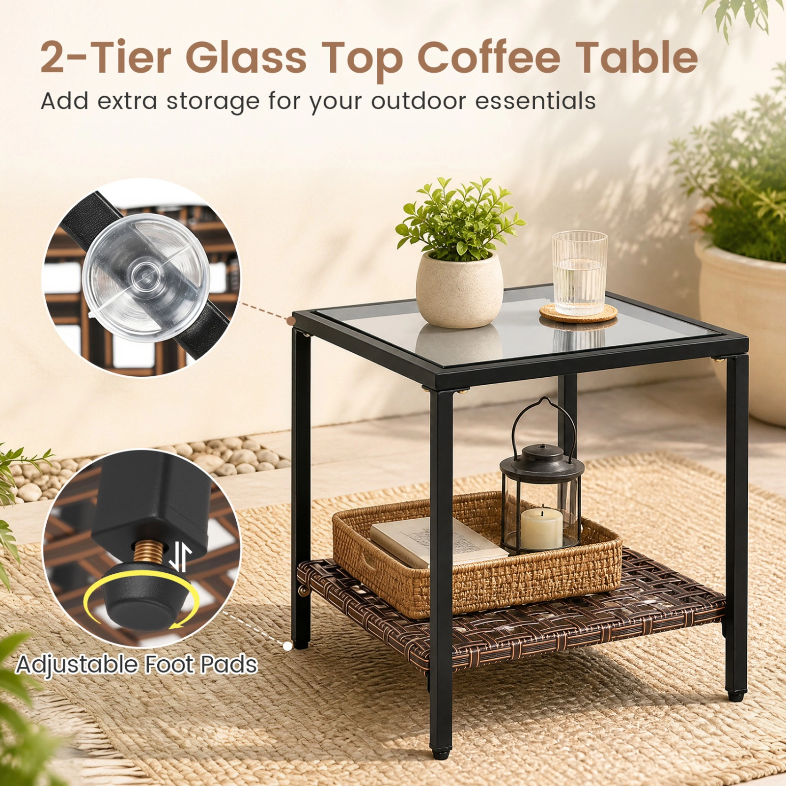 SUGIFT Brown Coffee Table and Thick Cushions 3-Piece Outdoor Wicker Rocking Chair Set