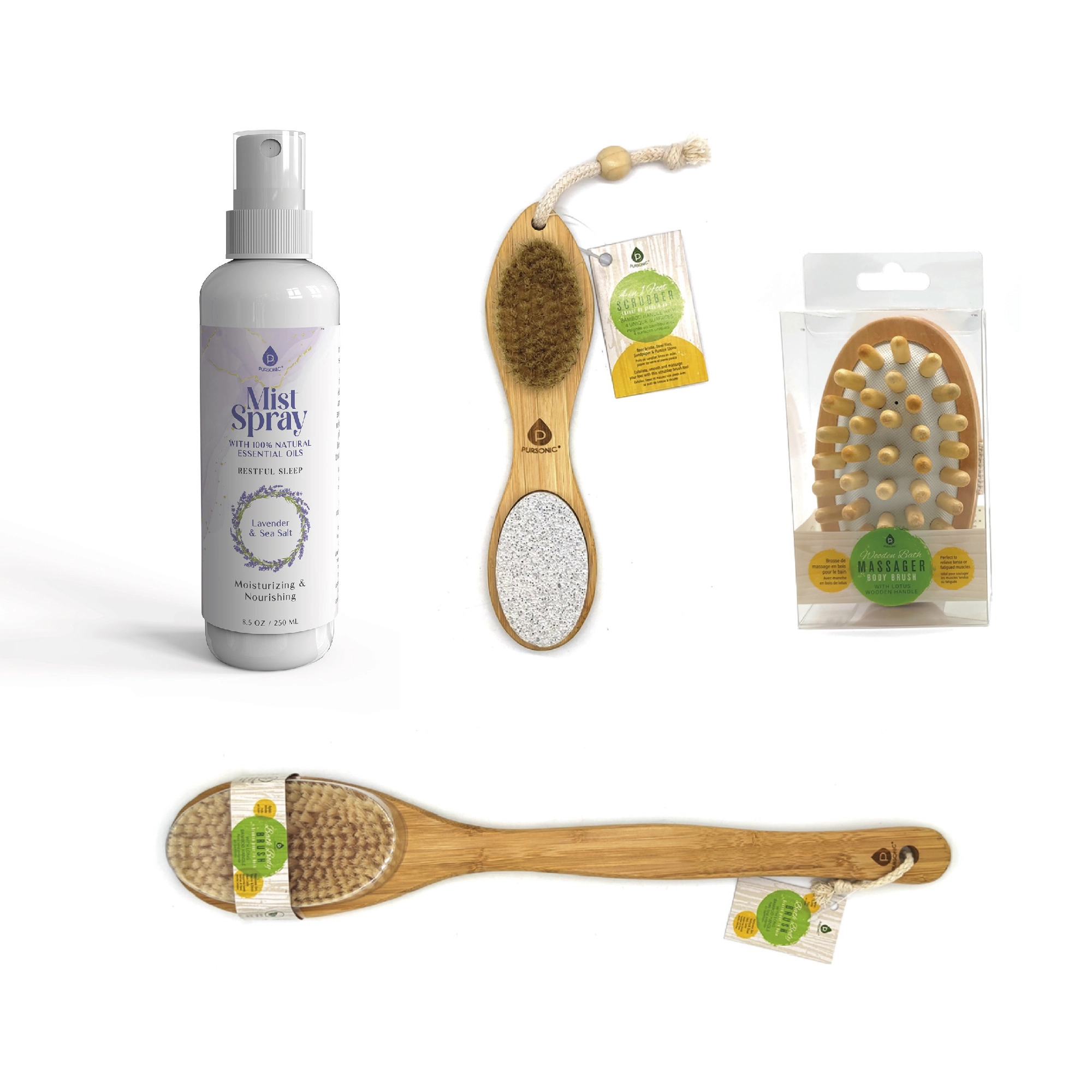Pursonic Unisex Natural Wellness Spa Set: Wood Massager, Bamboo Foot Scrubber, Bath Brush & Lavender Mist Spray