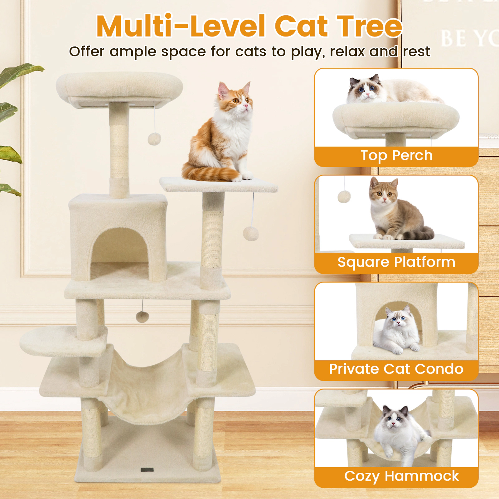 SUGIFT 58 Cat Tree Tower with Padded Top Perch Hammock and Sisal Posts