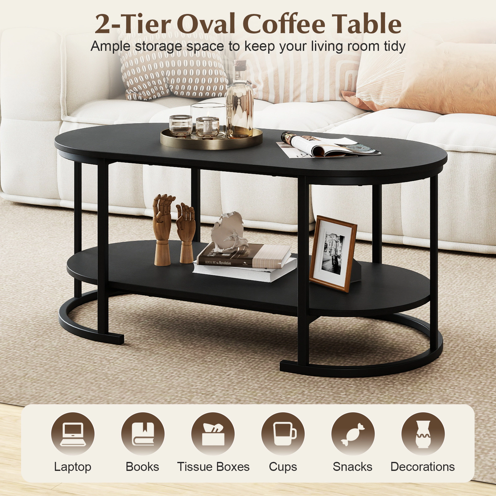 SUGIFT 2-Tier Oval Open Storage Curved Metal Frame Coffee Table 39.5-in x 19.5-in x 18-in 88-lb per Shelf Black