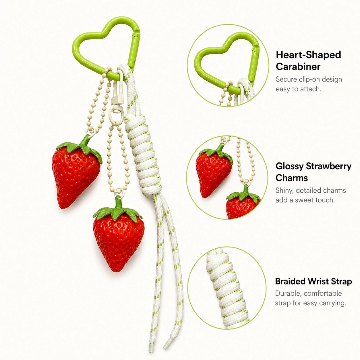 Alilang Women's 3D Strawberry Bag Charm Keychain with Heart Clasp and Braided Cord Tails, Lime Green