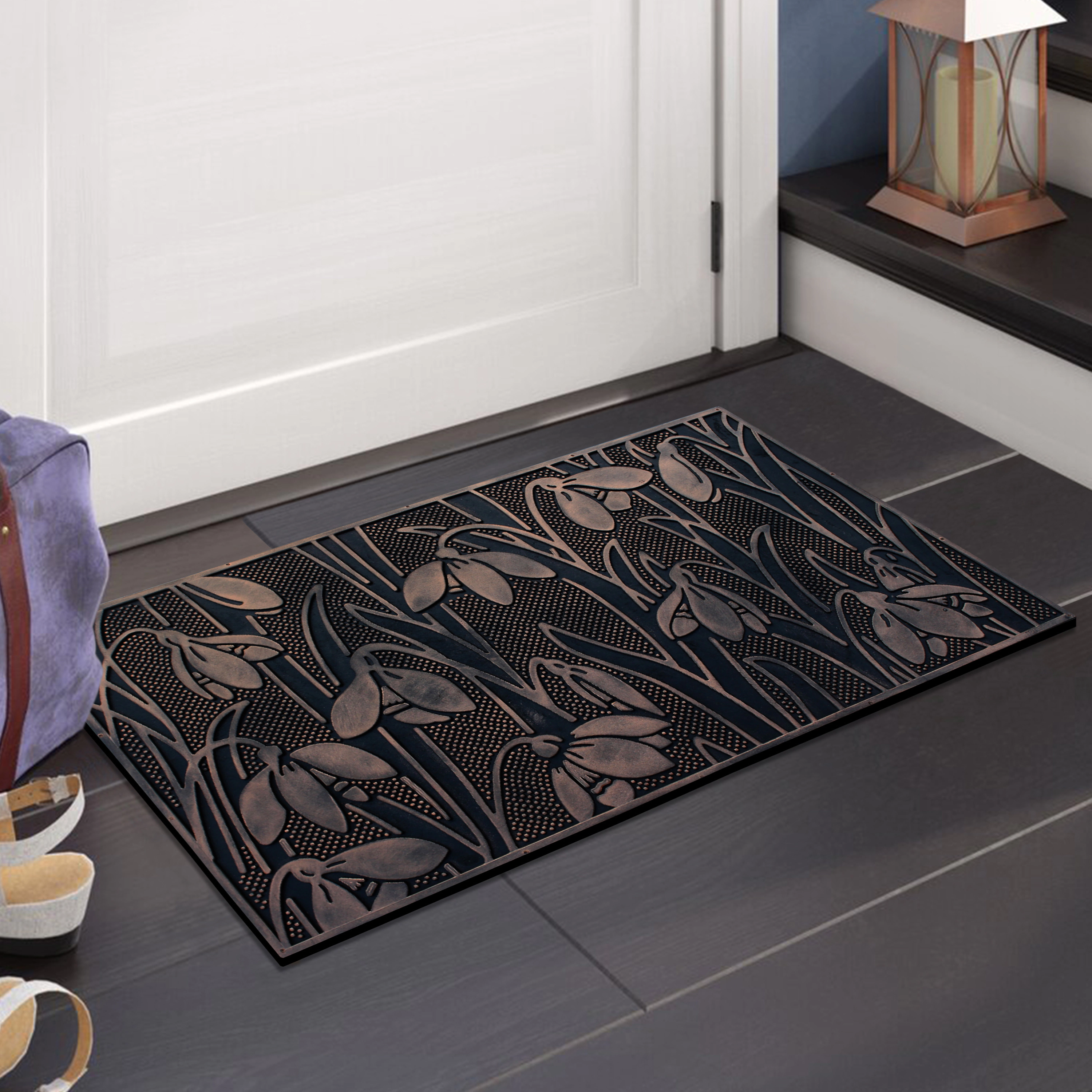 A1 Home Collections Wild Flowers Copper Rubber Welcome Doormat Non-Slip Front Door Mat 18 x 30 In