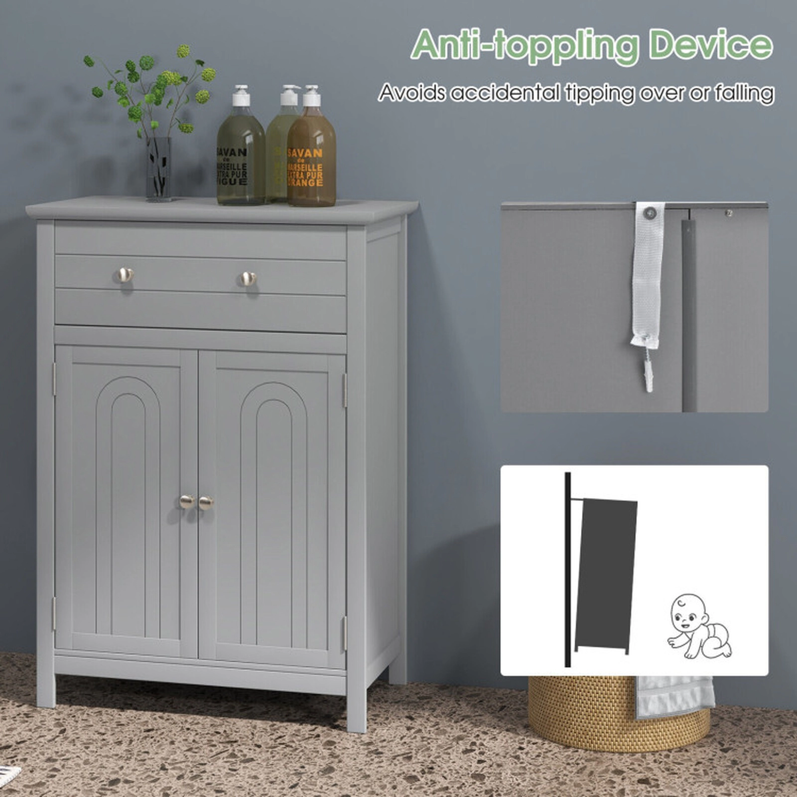 SUGIFT Gray 110-lb Top Capacity 2-Door Wooden Bathroom Floor Storage Cabinet with Drawer and Adjustable Shelf