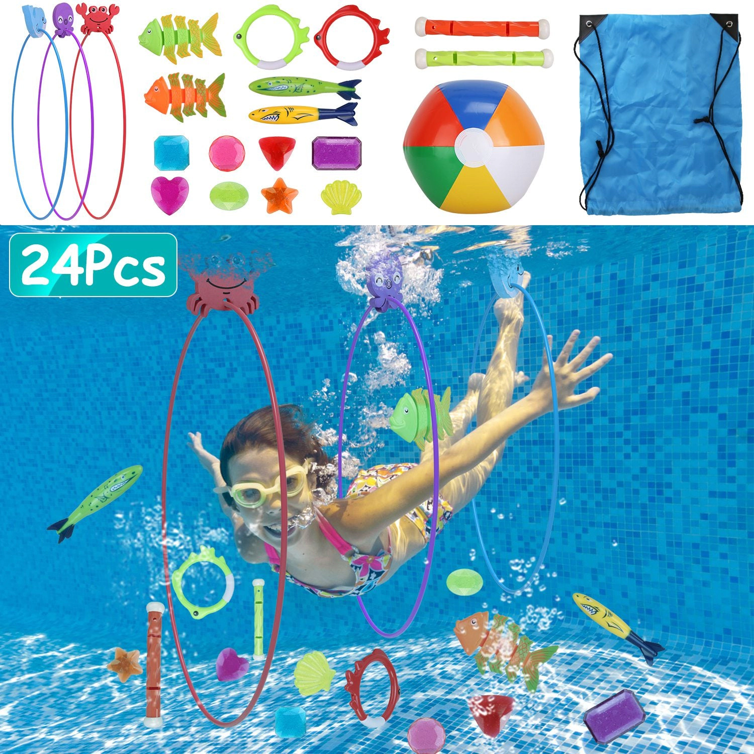GBruno 24-Piece Swimming Pool Diving Toy Set