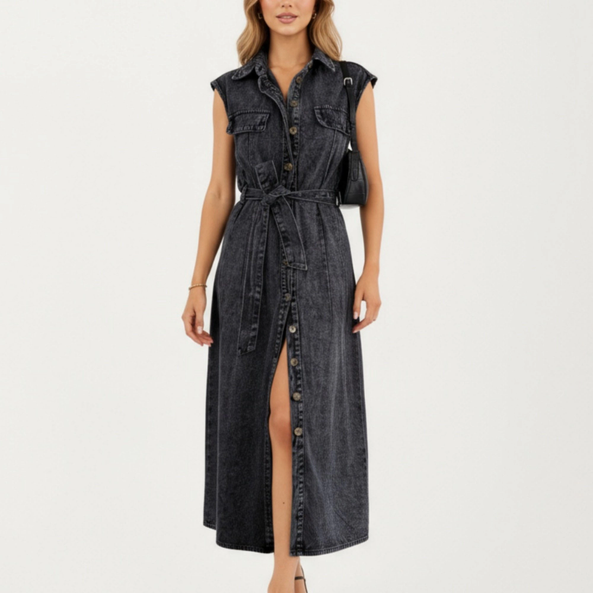 Anna-Kaci Womens Sleeveless Button-Front Denim Maxi Dress with Waist Tie