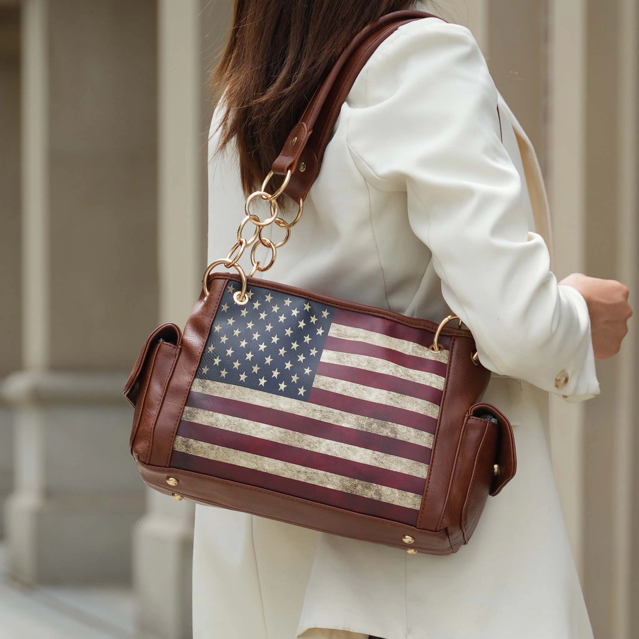 Mia K Collection Alaina Shoulder Bag - Vegan Leather Patriotic Print, Gold-Tone Hardware