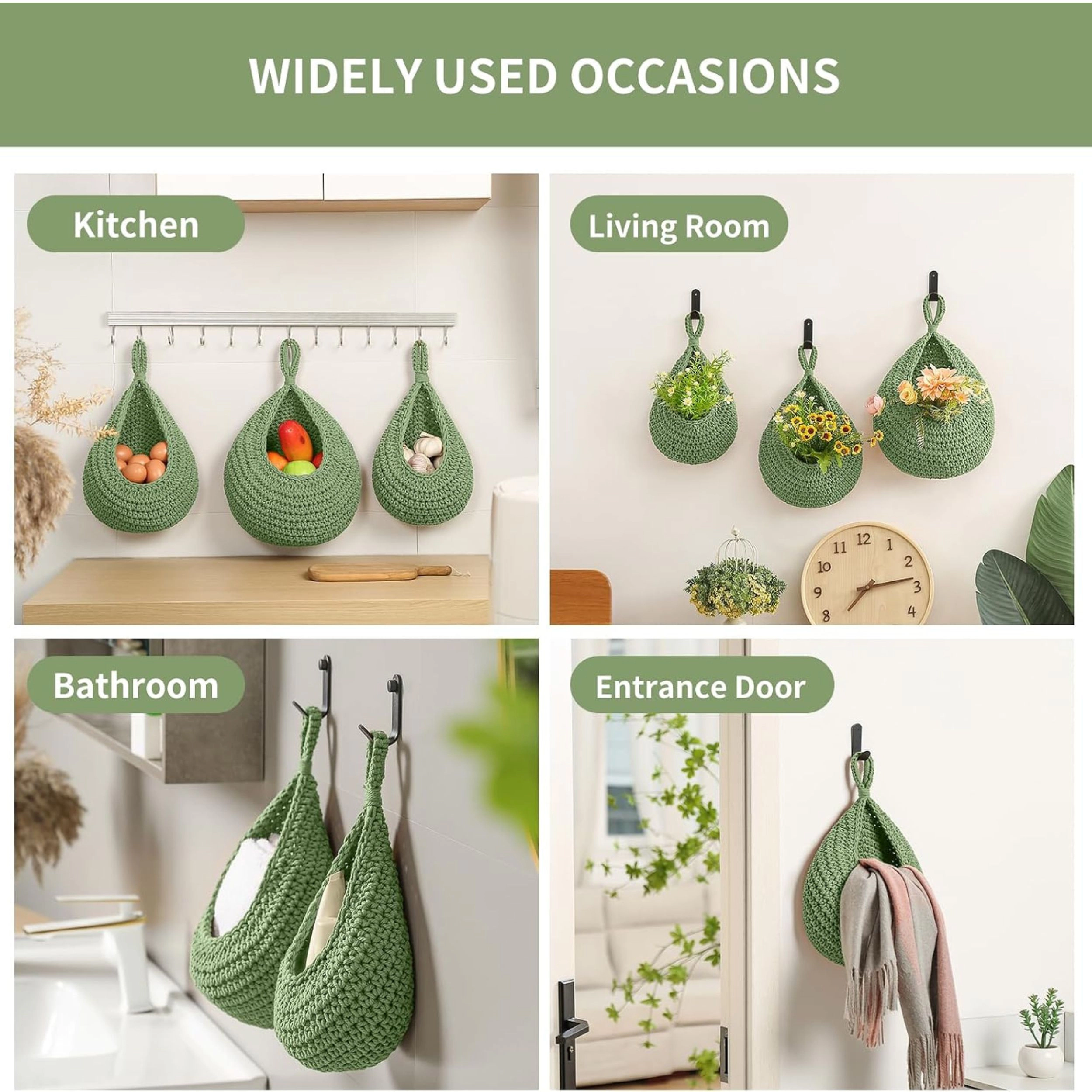 Stock Preferred Pack of 3 Boho Woven Hanging Fruit and Vegetable Storage Baskets with Hooks