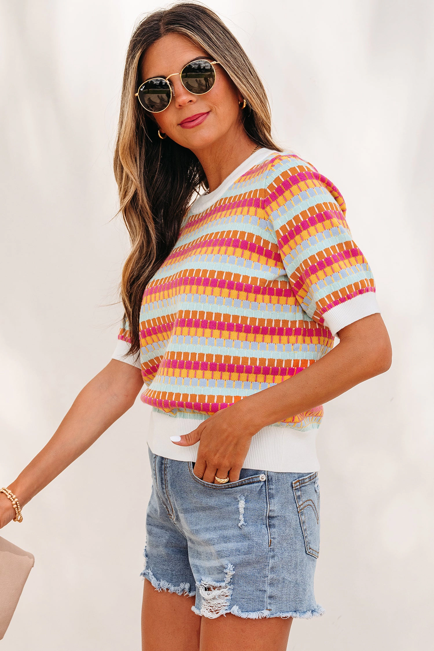 Threaded Pear Bellamy Knit Short Sleeve Sweater - Orange, Oversized Retro Stripe