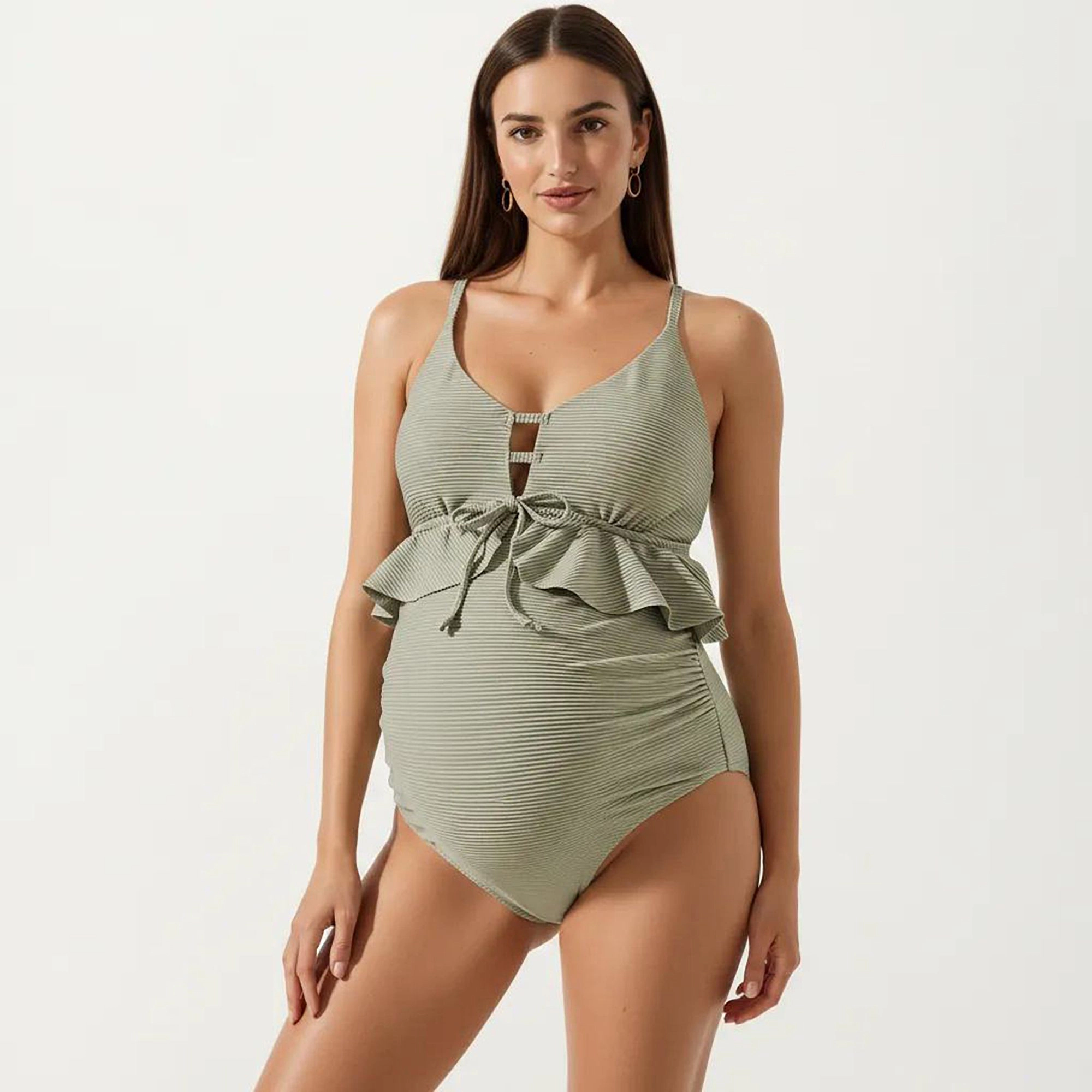 Anna-Kaci Women's Maternity One-Piece Swimsuit - Ruffle Trim and Front Tie